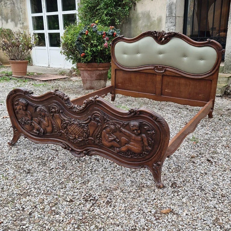 Antique Italian Bed King Size Hand Carved Upholstered Original Rare Bed For Sale at 1stDibs