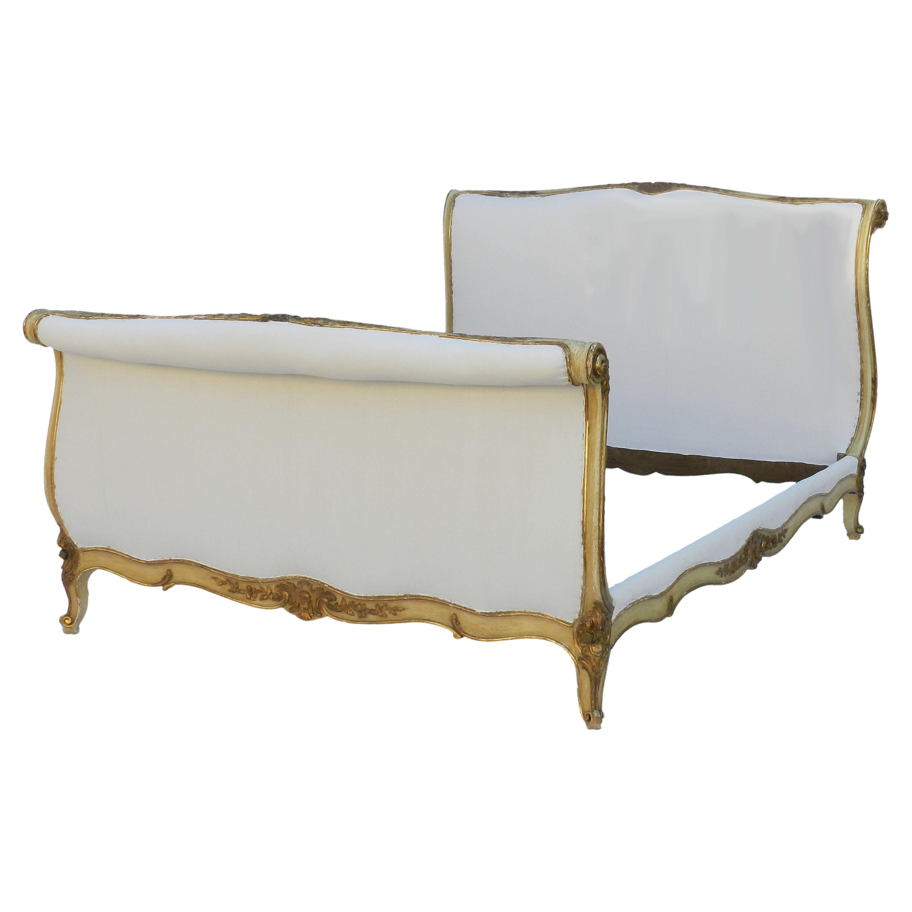 Antique bed US Queen UK King size gold French roll top 
Covered to White undercovers
Superb gloriously distressed patina 
Roll top 
Solid wood frame
The bed is sound and solid
This will take a US Queen or UK King size mattress either on wooden