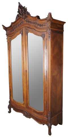 Antique Bedel & Cie French Louis XV Walnut Baroque Mirrored Knockdown Armoire