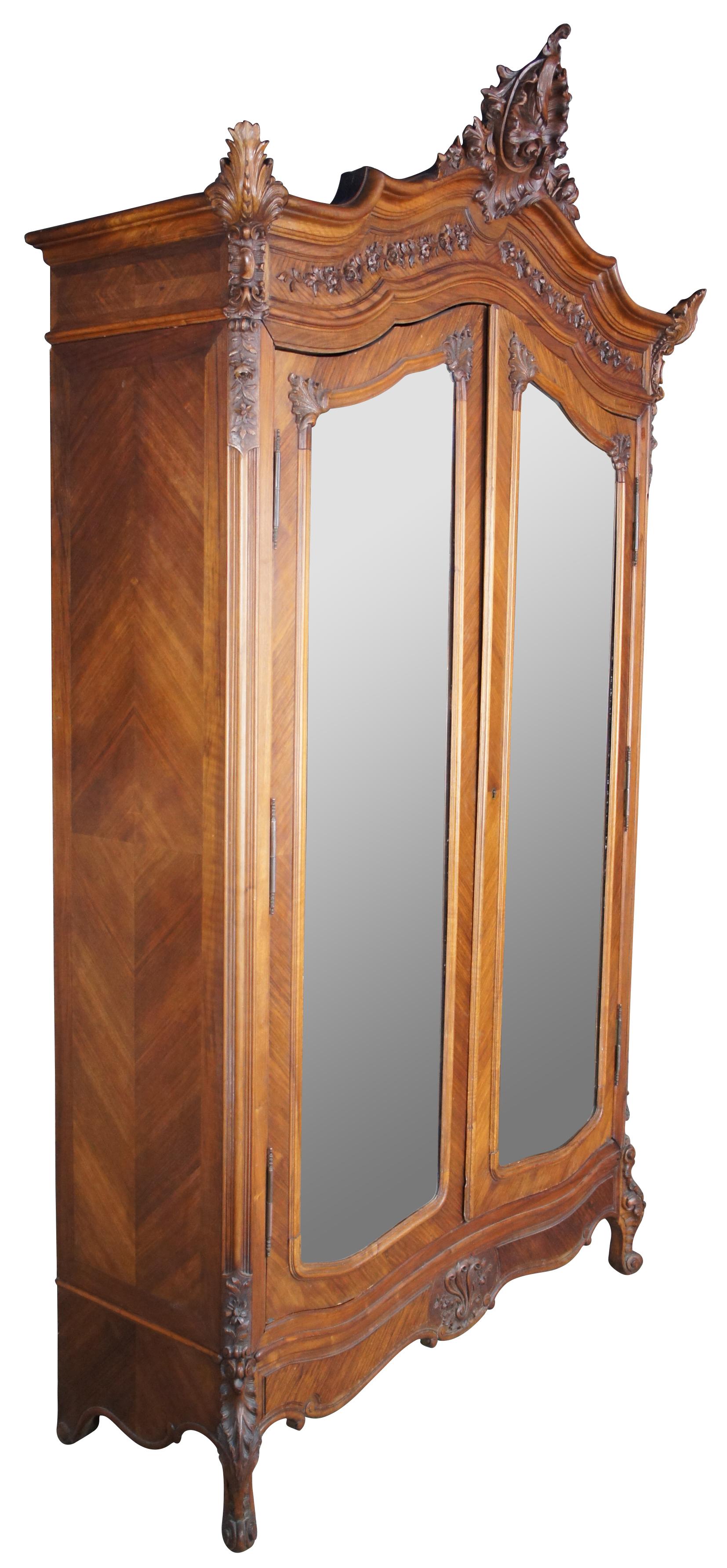 Antique Bedel & Cie French Louis XV Walnut Baroque Mirrored Knockdown Armoire In Good Condition In Dayton, OH