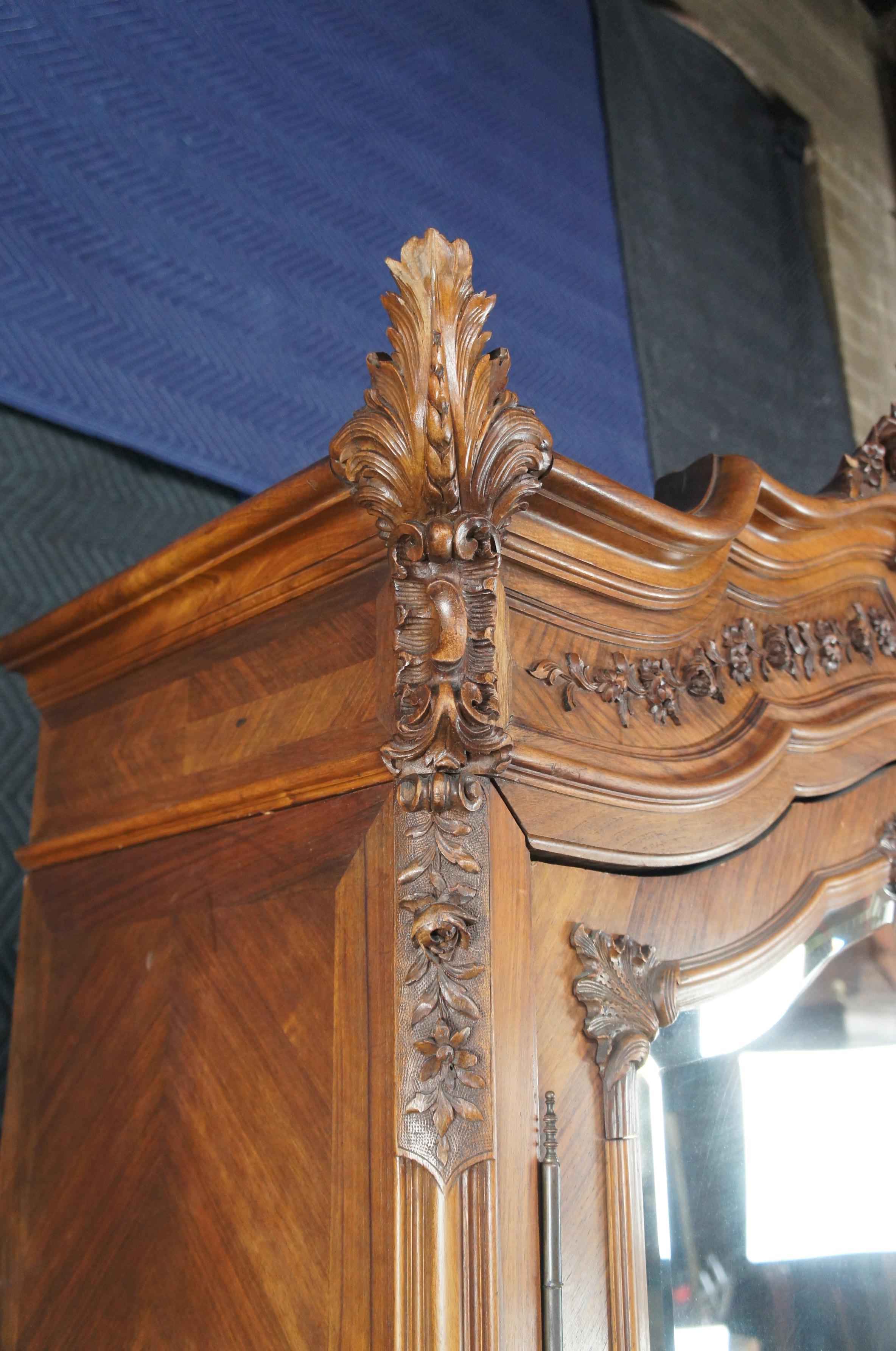 Antique Bedel & Cie French Louis XV Walnut Baroque Mirrored Knockdown Armoire 2