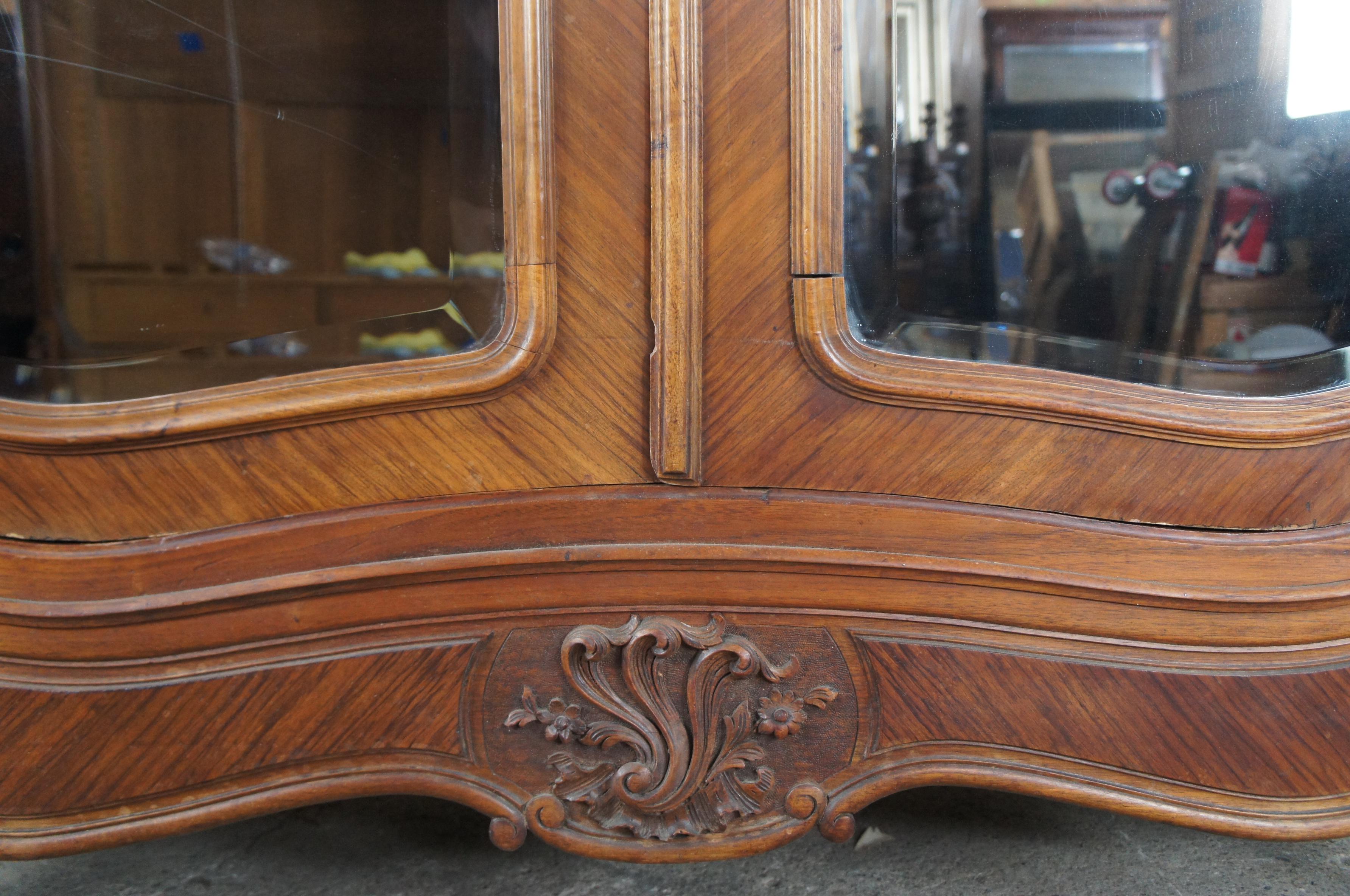 Antique Bedel & Cie French Louis XV Walnut Baroque Mirrored Knockdown Armoire 4