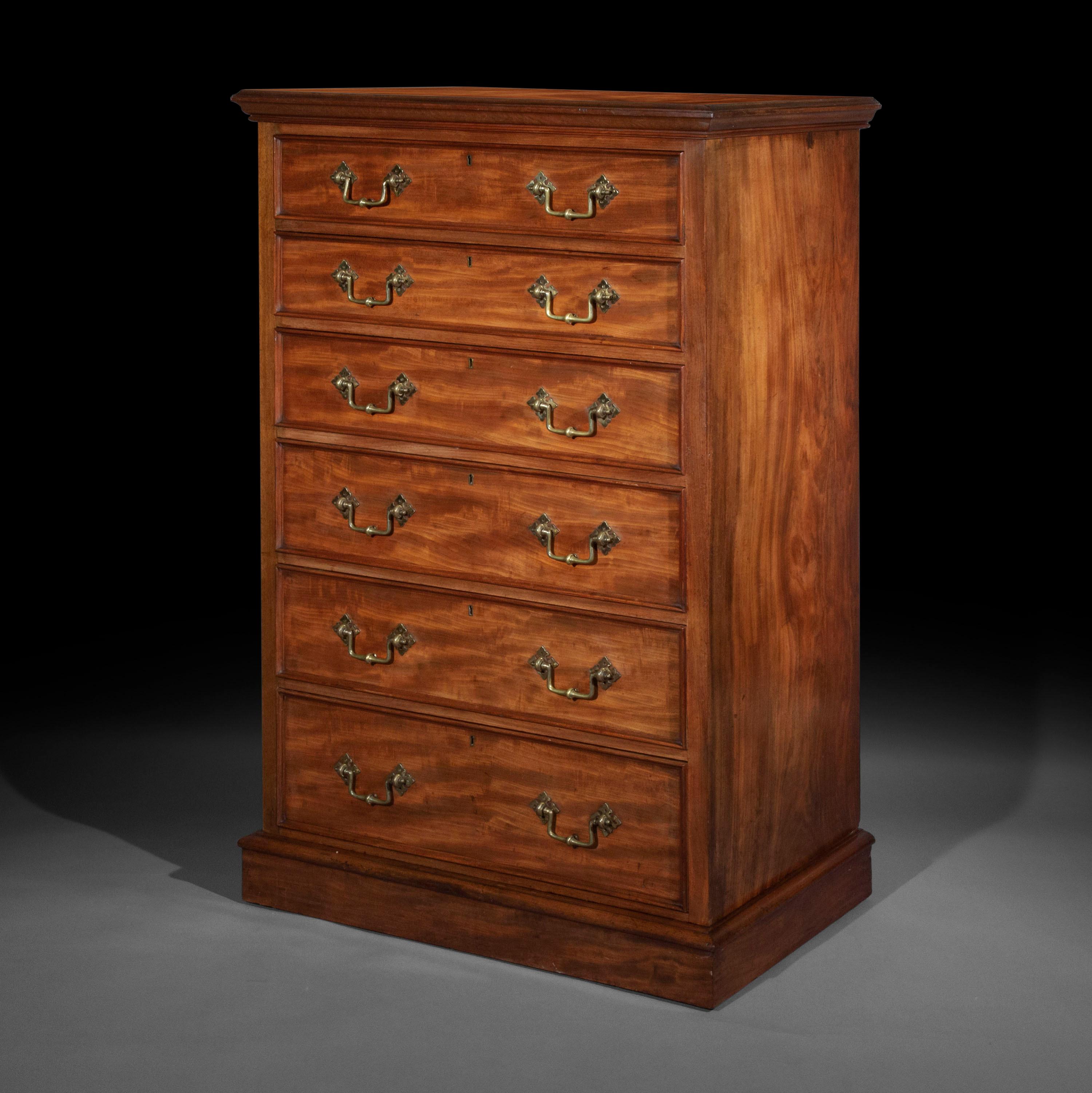 A post-Regency superb quality solid mahogany tall chest of six drawers, of the style and quality of the celebrated firm of Gillows of Lancaster and London.
English, circa 1835-1845

Why we like it
The combination of this remarkably well drawn,