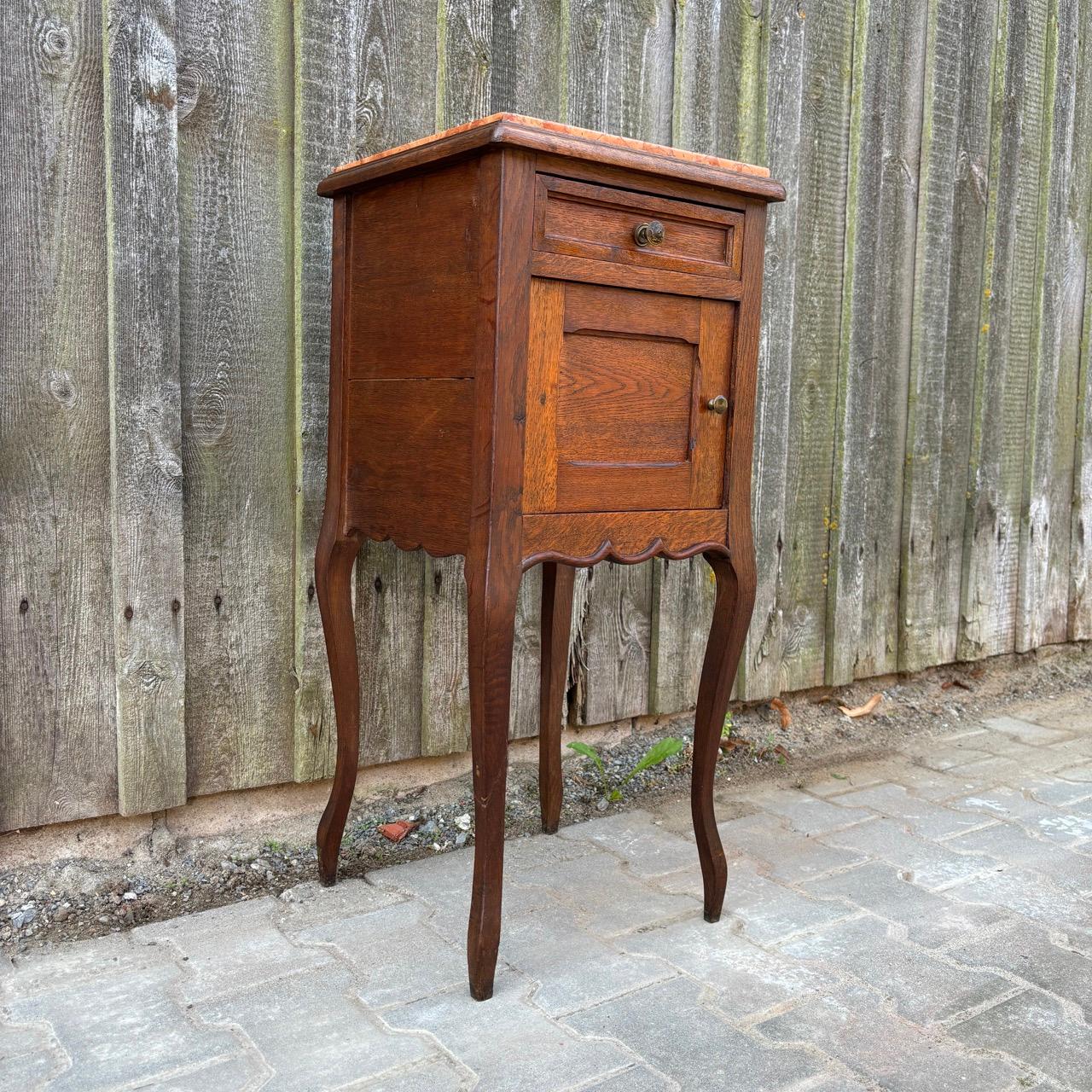 French Antique bedside cabinet  Art Nouveau around 1900  Oak & marble