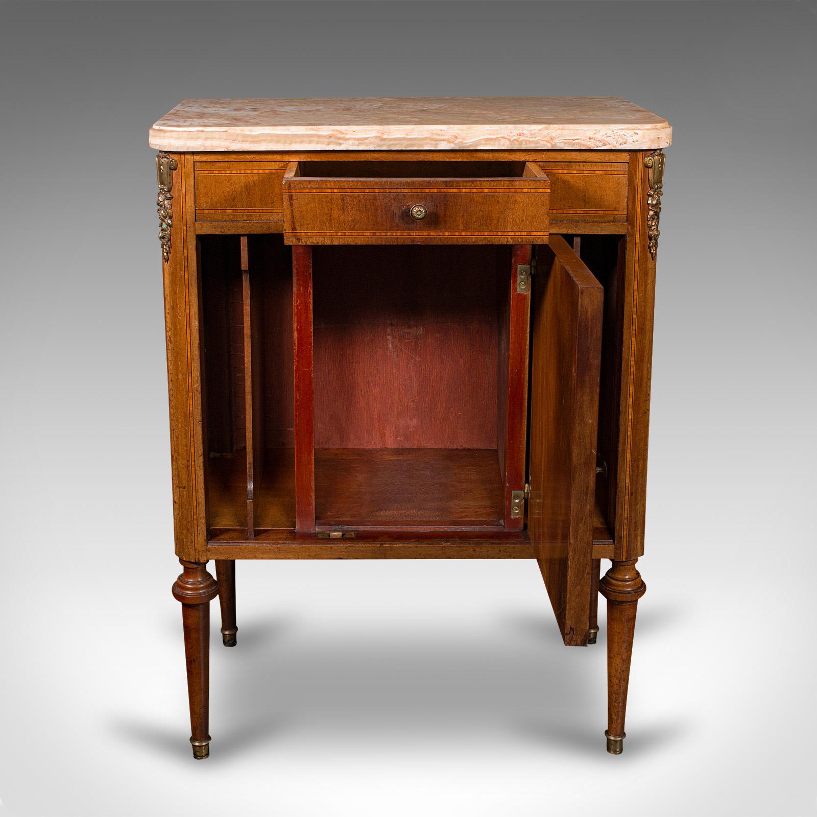 Late Victorian Antique Bedside Cabinet, French Kingwood, Marble, Nightstand Cupboard, Victorian For Sale