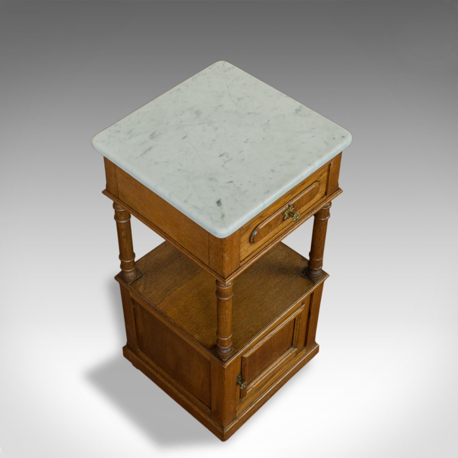 French Provincial Antique Bedside Cabinet, French, Oak, Marble, Lamp, Nightstand, circa 1930