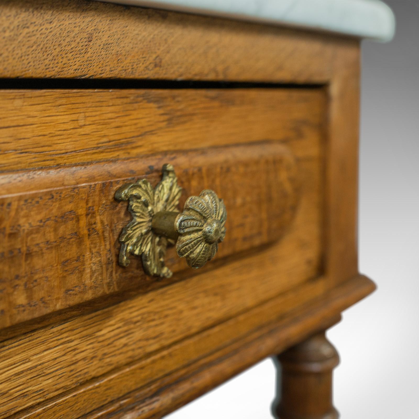 20th Century Antique Bedside Cabinet, French, Oak, Marble, Lamp, Nightstand, circa 1930