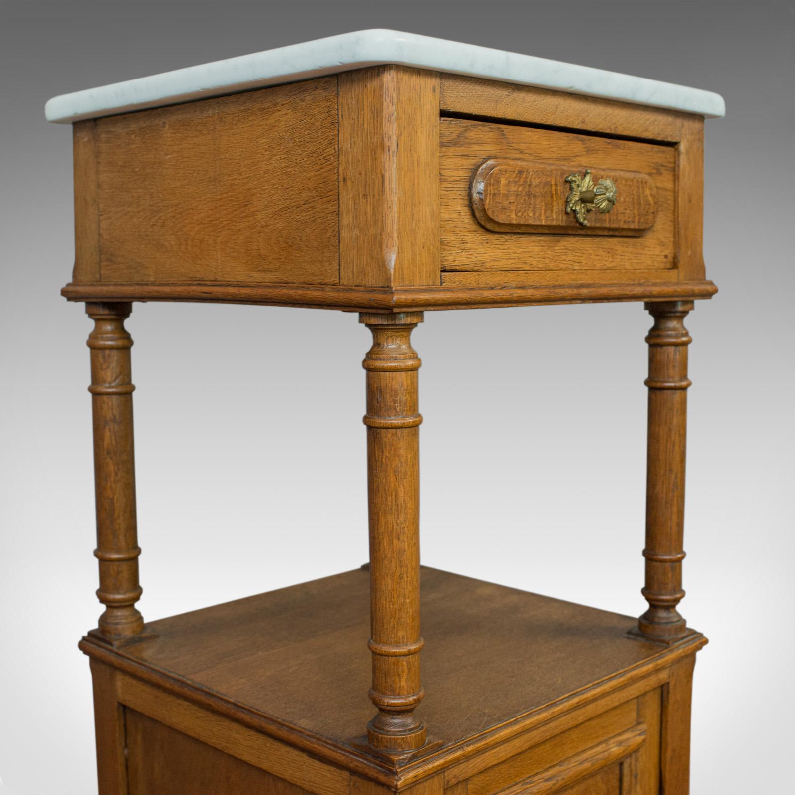 Antique Bedside Cabinet, French, Oak, Marble, Lamp, Nightstand, circa 1930 1
