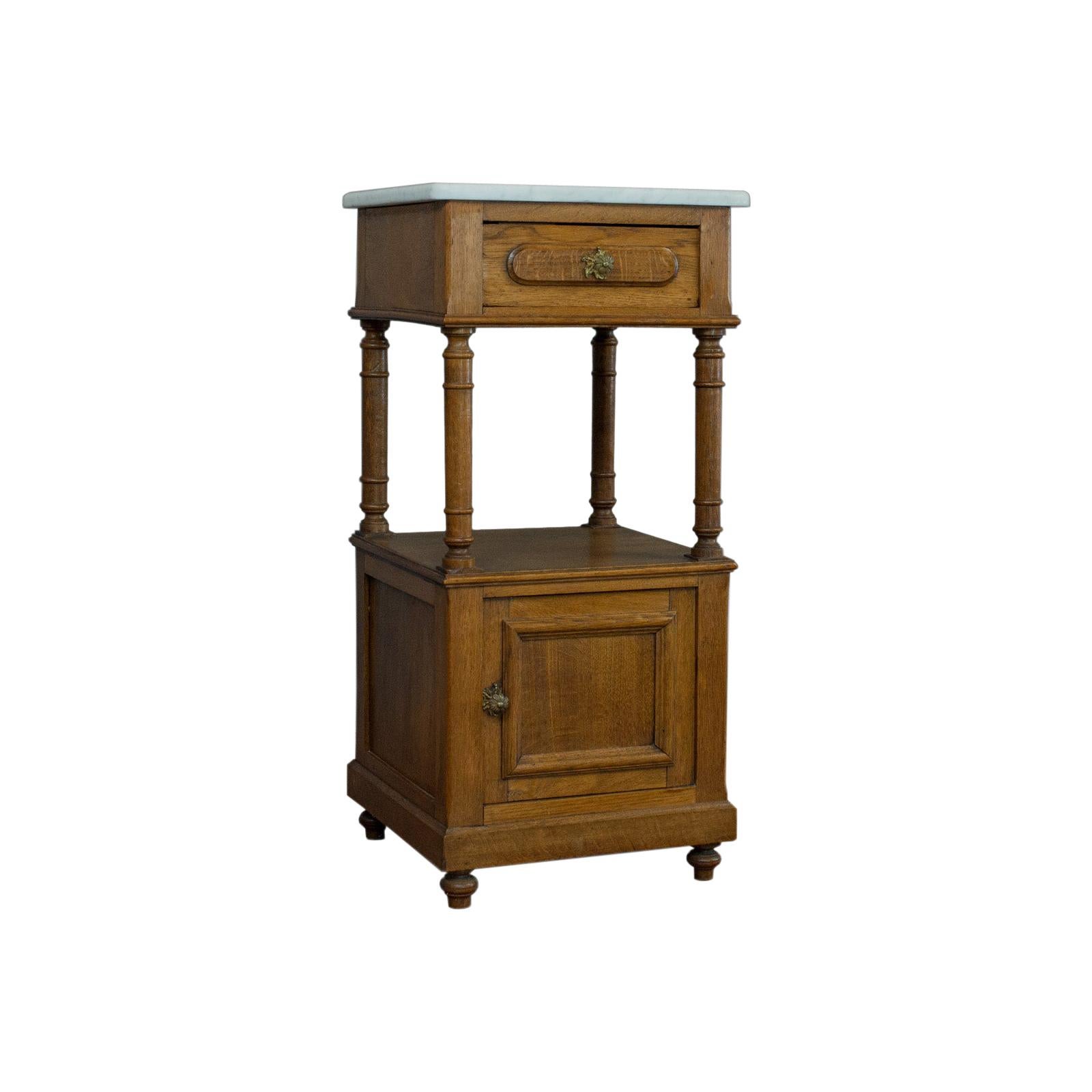 Antique Bedside Cabinet, French, Oak, Marble, Lamp, Nightstand, circa 1930