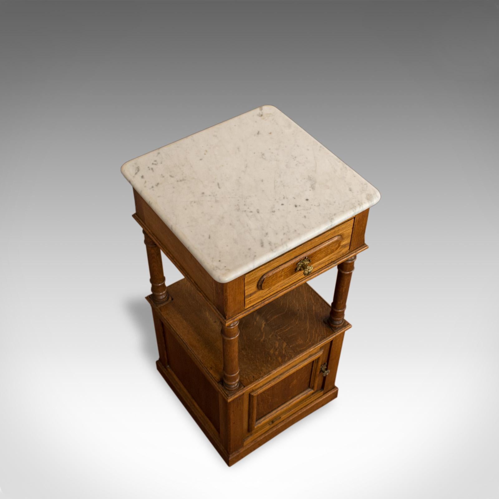 French Provincial Antique Bedside Cabinet, French, Oak, Marble, Nightstand, circa 1930 For Sale