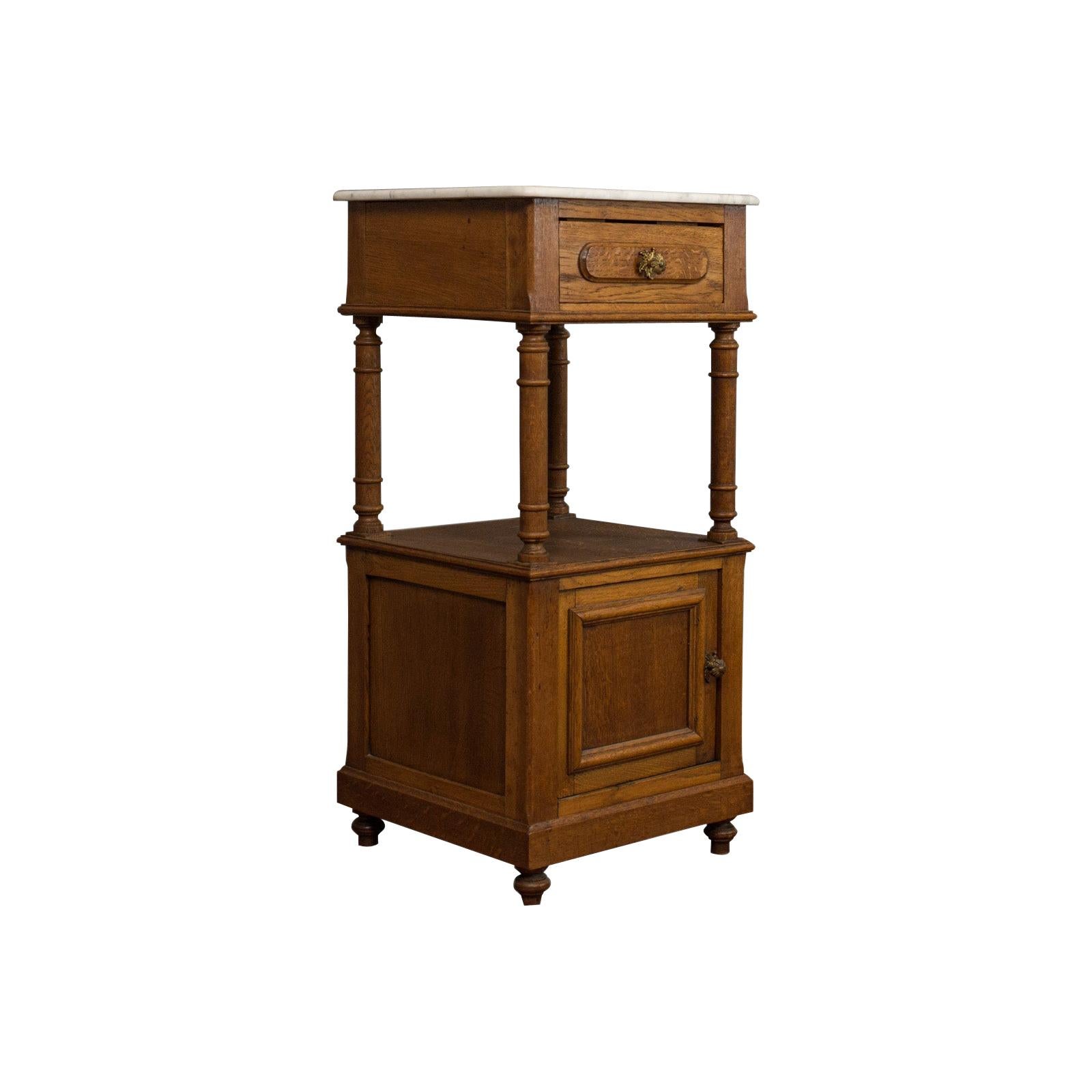 Antique Bedside Cabinet, French, Oak, Marble, Nightstand, circa 1930 For Sale