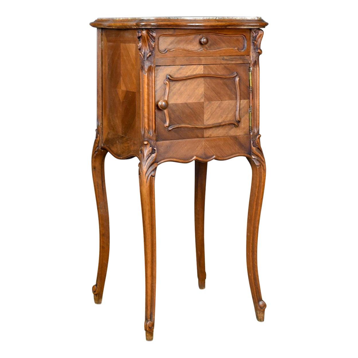 Antique Bedside Cabinet French Walnut Marble Top Pot Cupboard, circa 1890