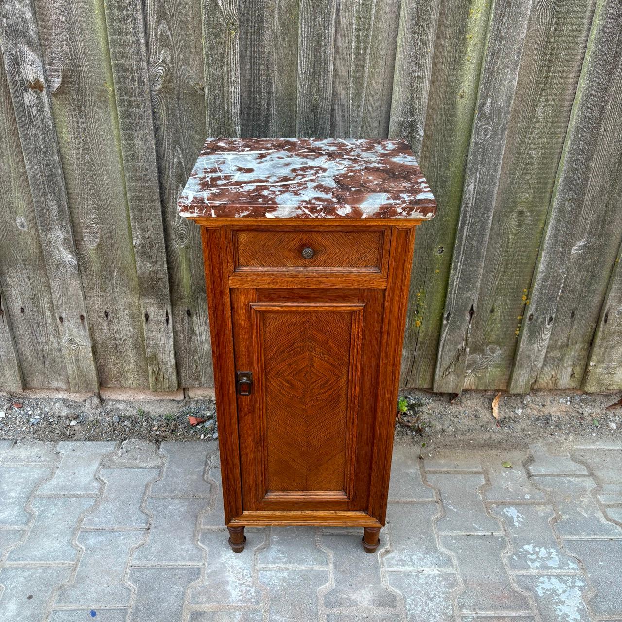 French Antique bedside cabinets  Art Nouveau  Oak & red marble