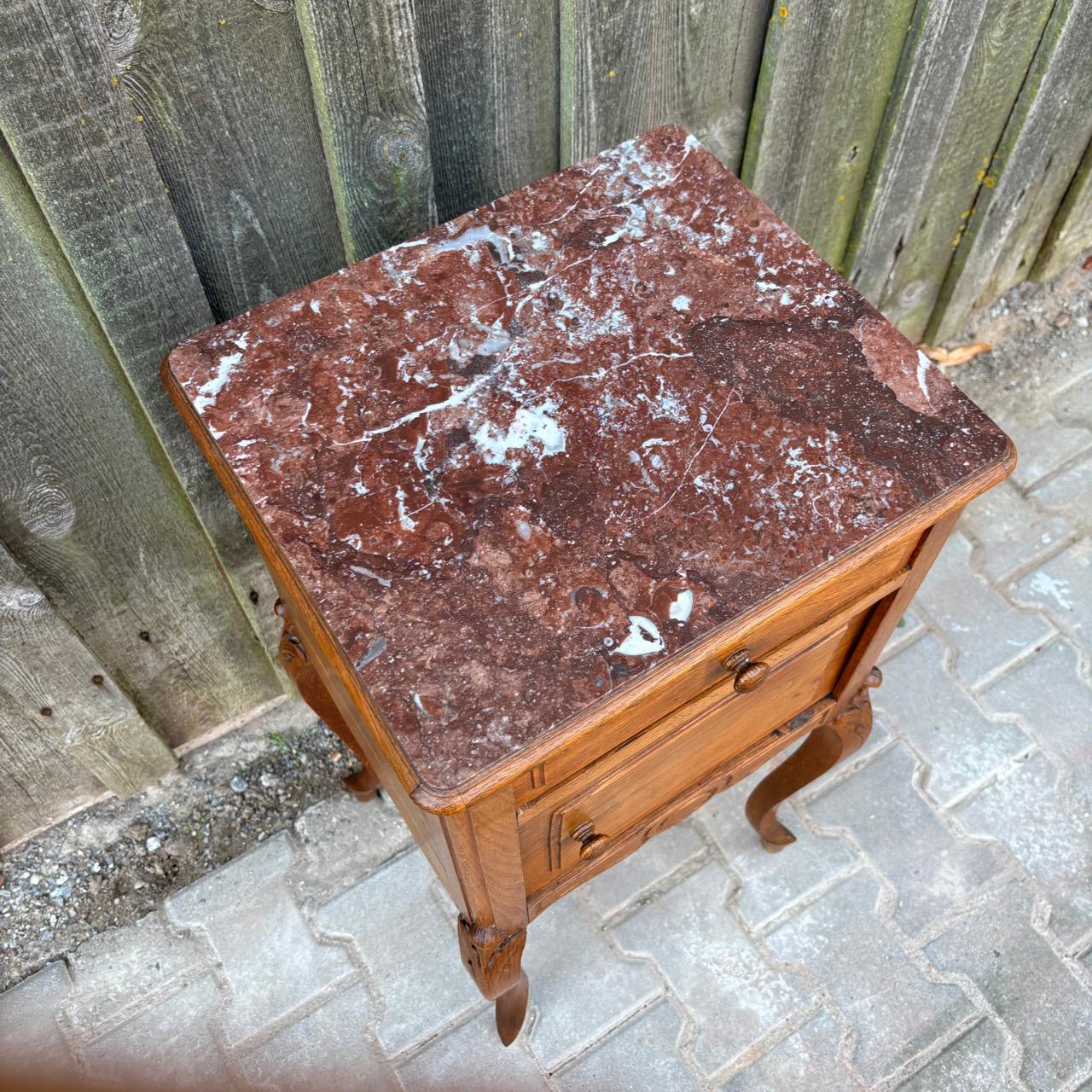 Antique bedside table  Art Nouveau around 1900  Oak & marble 4