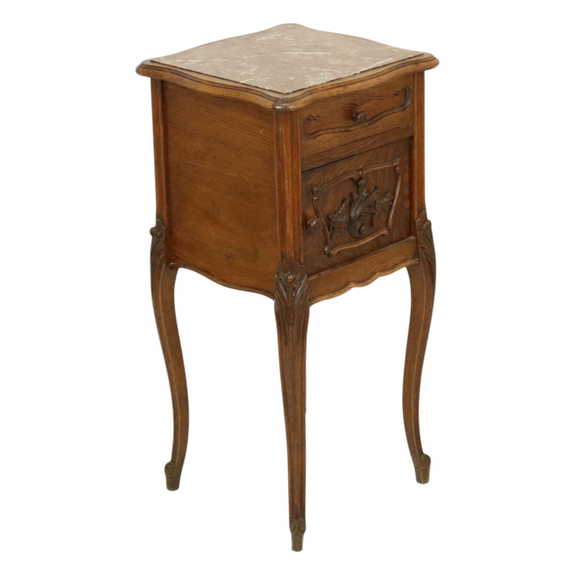 Baroque Antique Bedside Table Oak Red Marble Louis Quinze Style For Sale