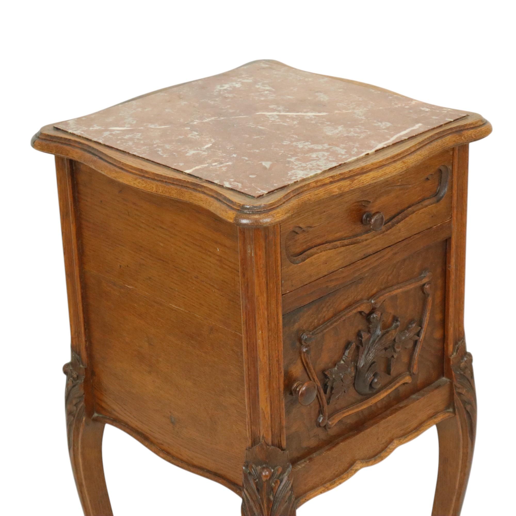 French Antique Bedside Table Oak Red Marble Louis Quinze Style For Sale