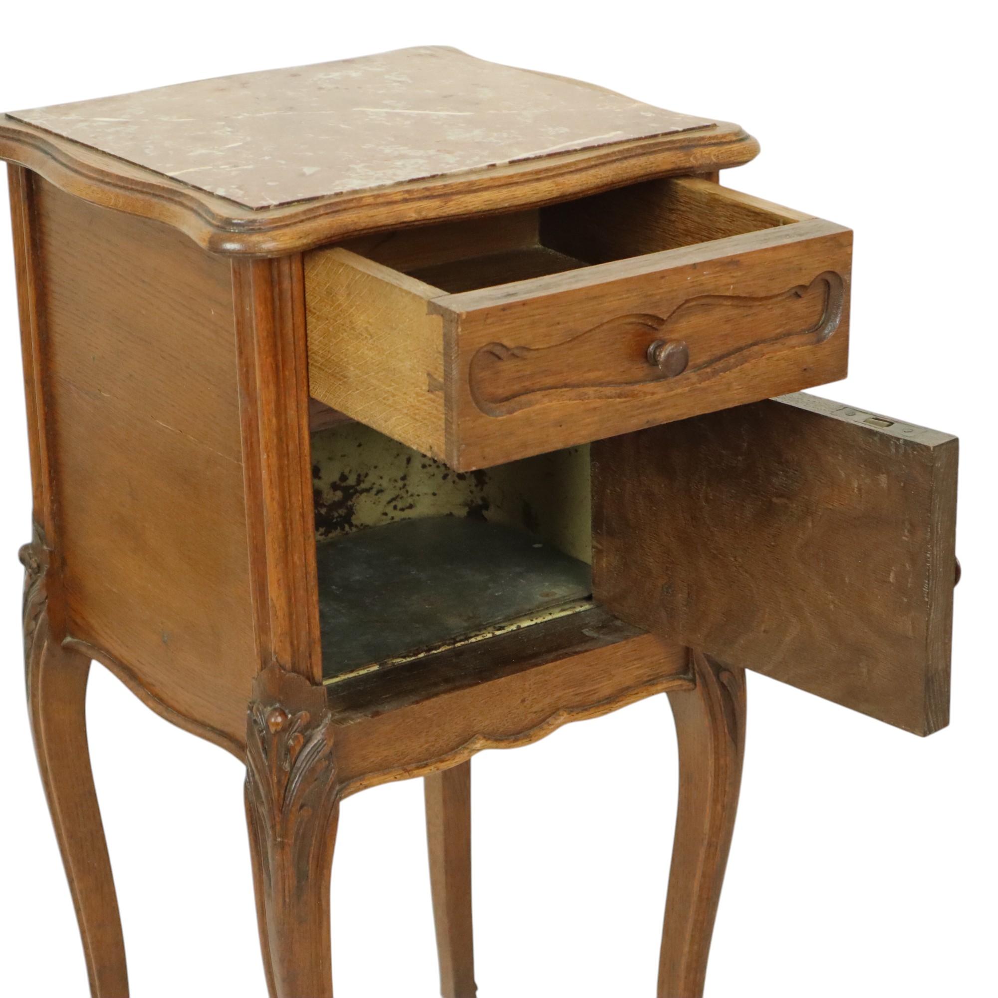20th Century Antique Bedside Table Oak Red Marble Louis Quinze Style For Sale