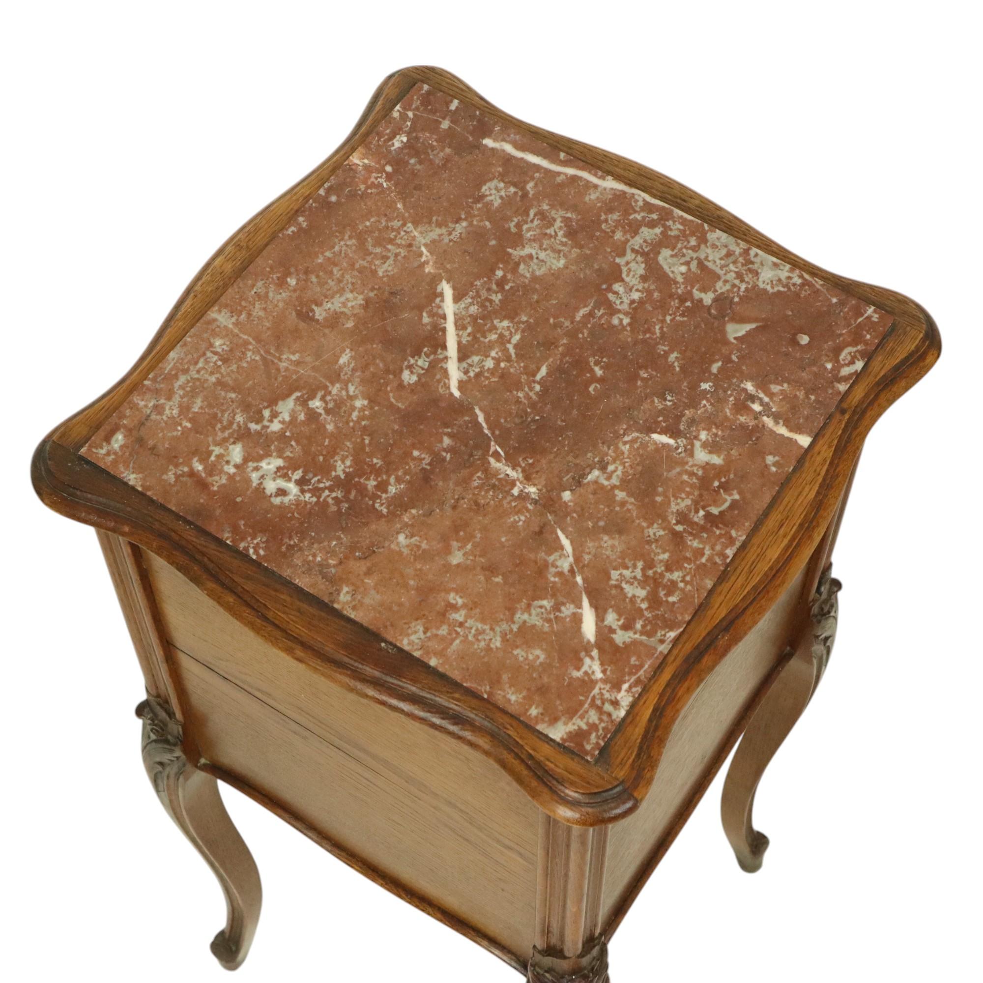 Antique Bedside Table Oak Red Marble Louis Quinze Style For Sale 3
