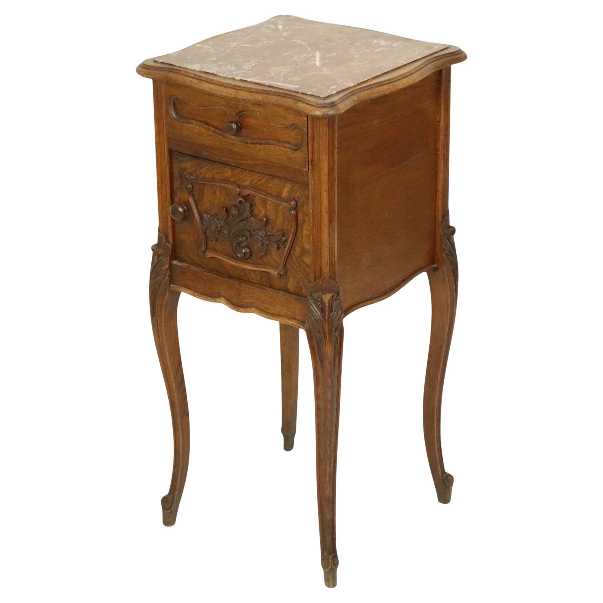 Antique Bedside Table Oak Red Marble Louis Quinze Style For Sale