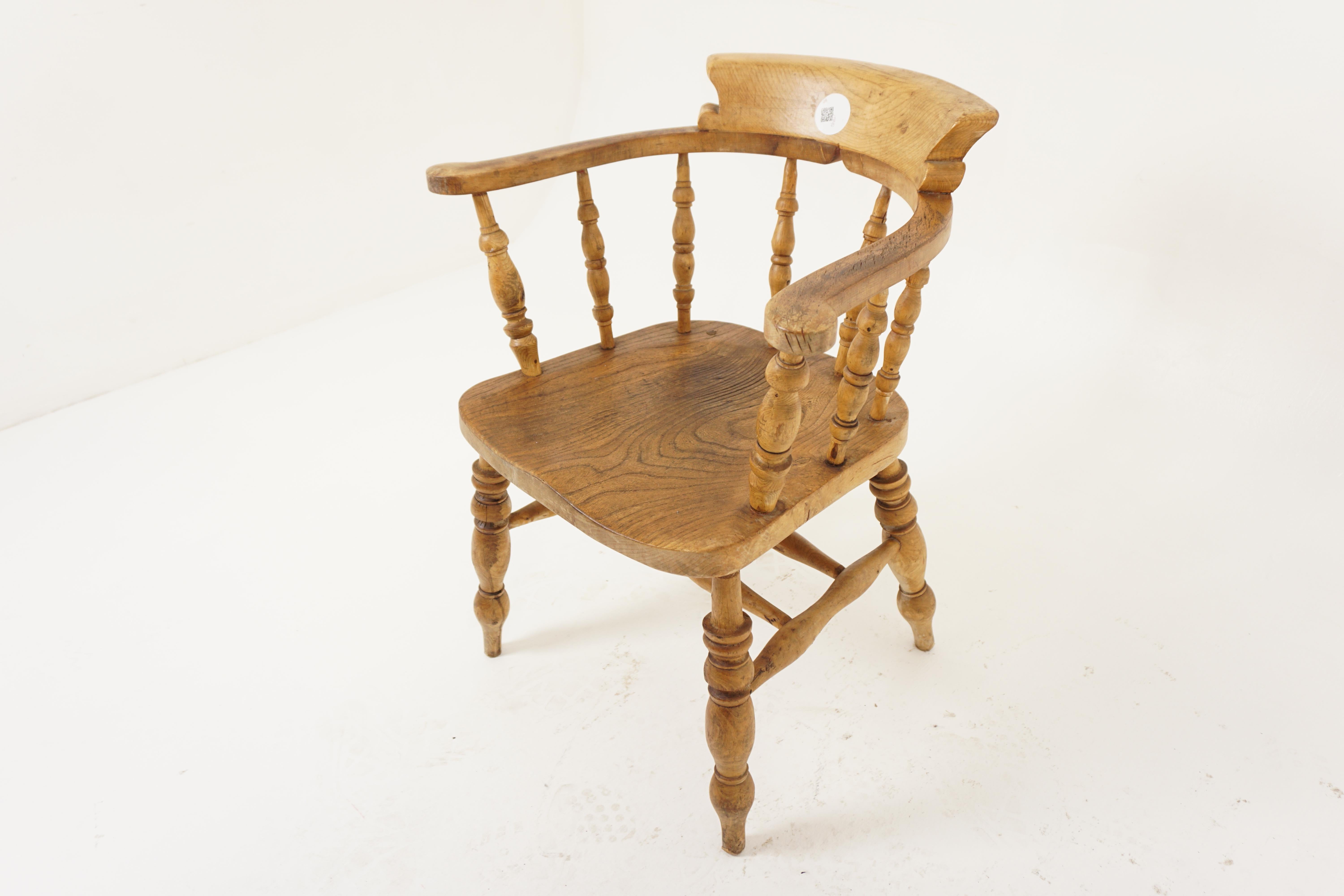 Antique Beech & Elm Chair, Victorian Smokers Bow Office Chair, Desk Chair, Antique Furniture, Scotland 1870, H1147

+ Scotland 1870
+ Solid Beech and Elm 
+ Original Finish
+ The chair has an attractive curving with a thick top rail
+ Ring