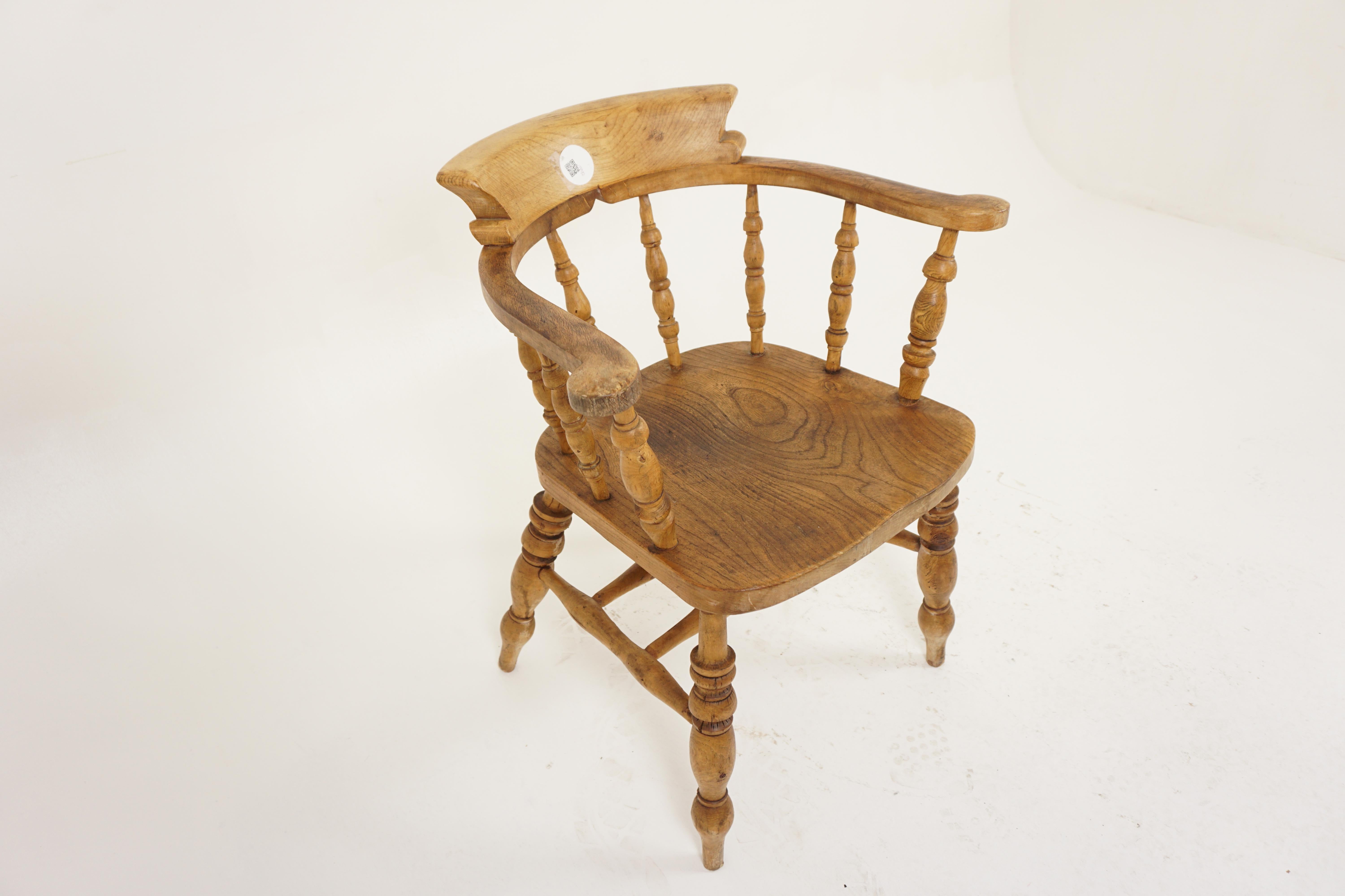 Victorian Antique Beech & Elm Chair, Smokers Bow Office Chair, Scotland 1870, H1147