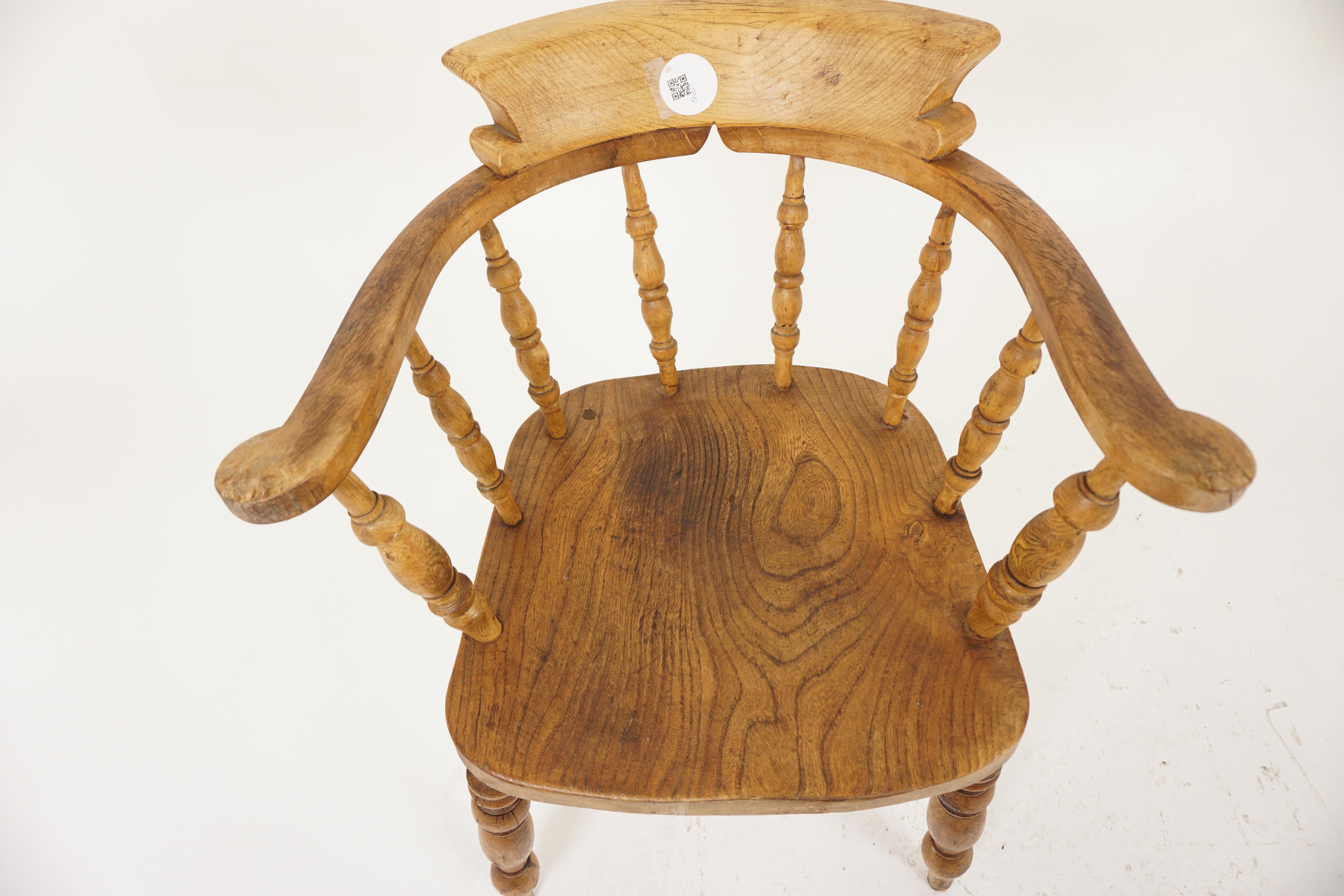 Scottish Antique Beech & Elm Chair, Smokers Bow Office Chair, Scotland 1870, H1147