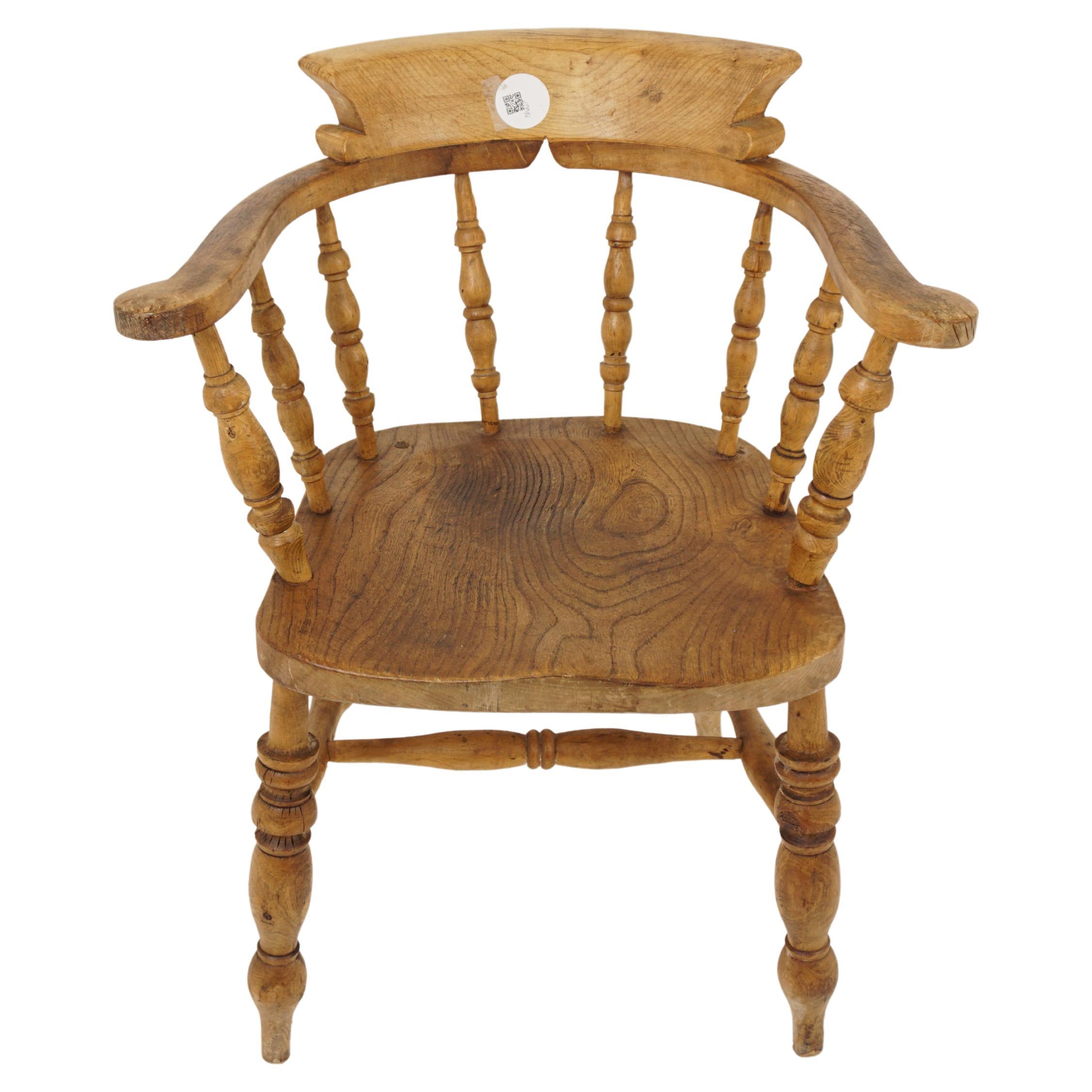 Antique Beech & Elm Chair, Smokers Bow Office Chair, Scotland 1870, H1147