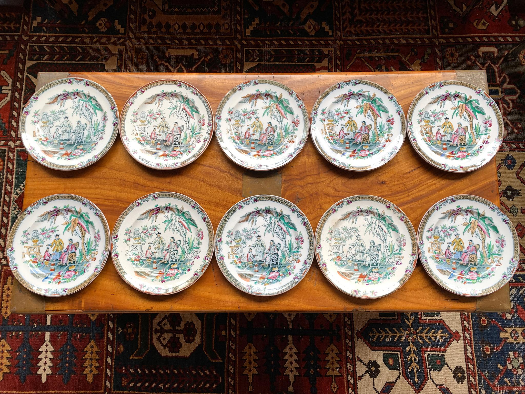 These 10 antique dessert plates were made in the late 19th Century in England by Beech and Hancock. They feature a colorful chinoiserie design.

Dimensions:
9 of the plates measure 8.25 in. diameter x 1 in. height
1 plate measures 8 in. diameter