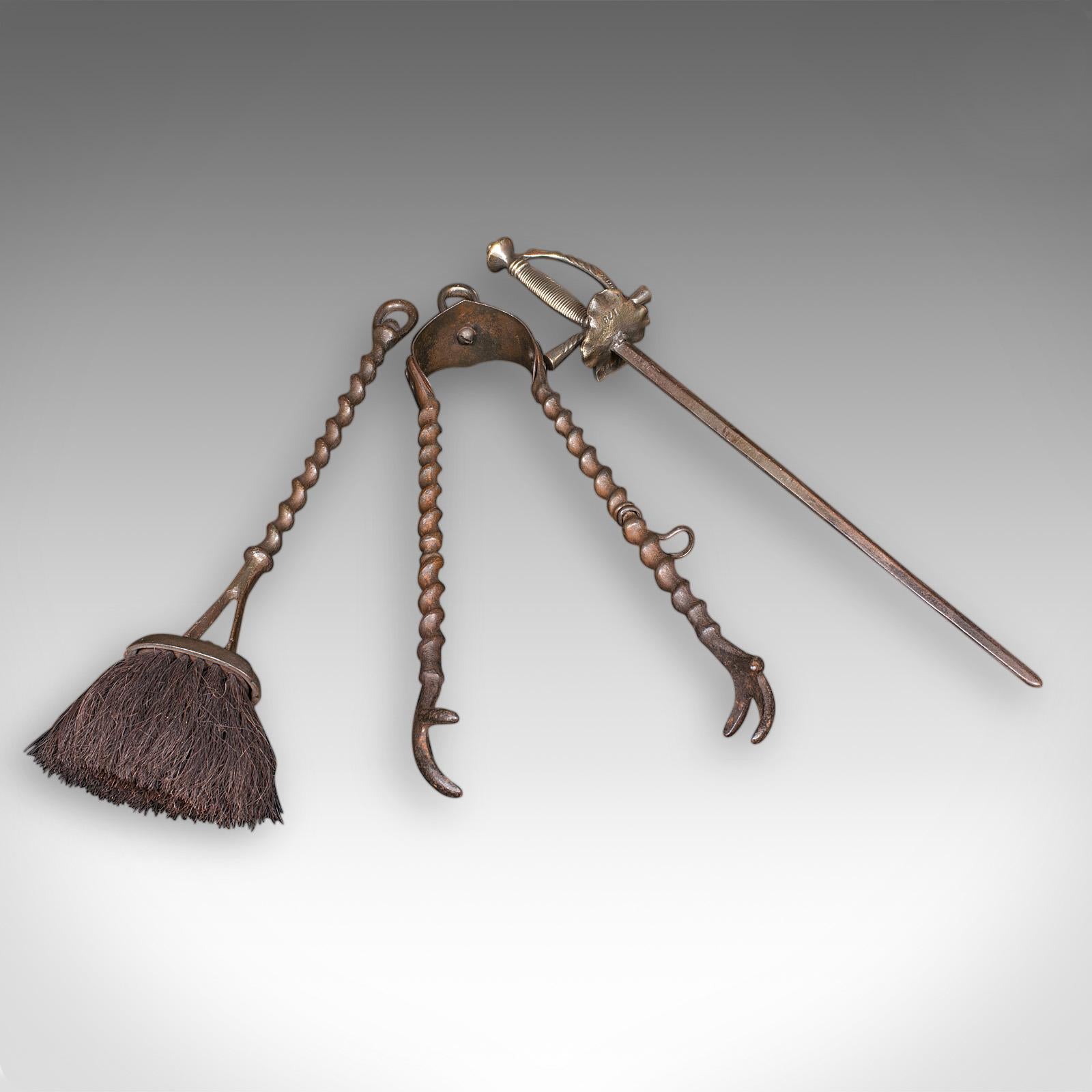 British Antique Beefeater Fireside Companion, Cast Iron, English, Fire Tools, Edwardian For Sale