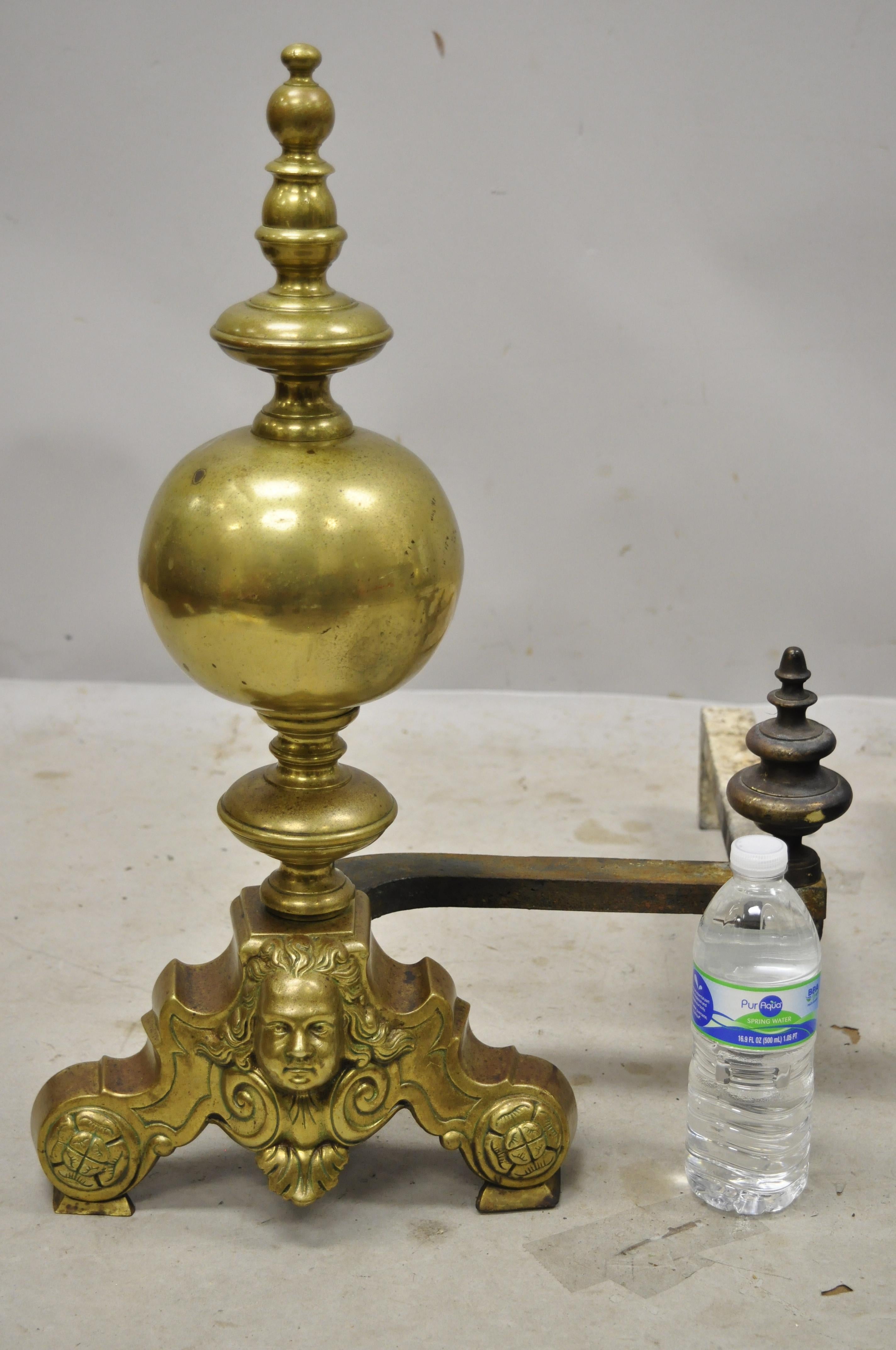 Antique Beethoven Faces French Brass Bronze Cannonball Finial Andirons Marked GF For Sale 2