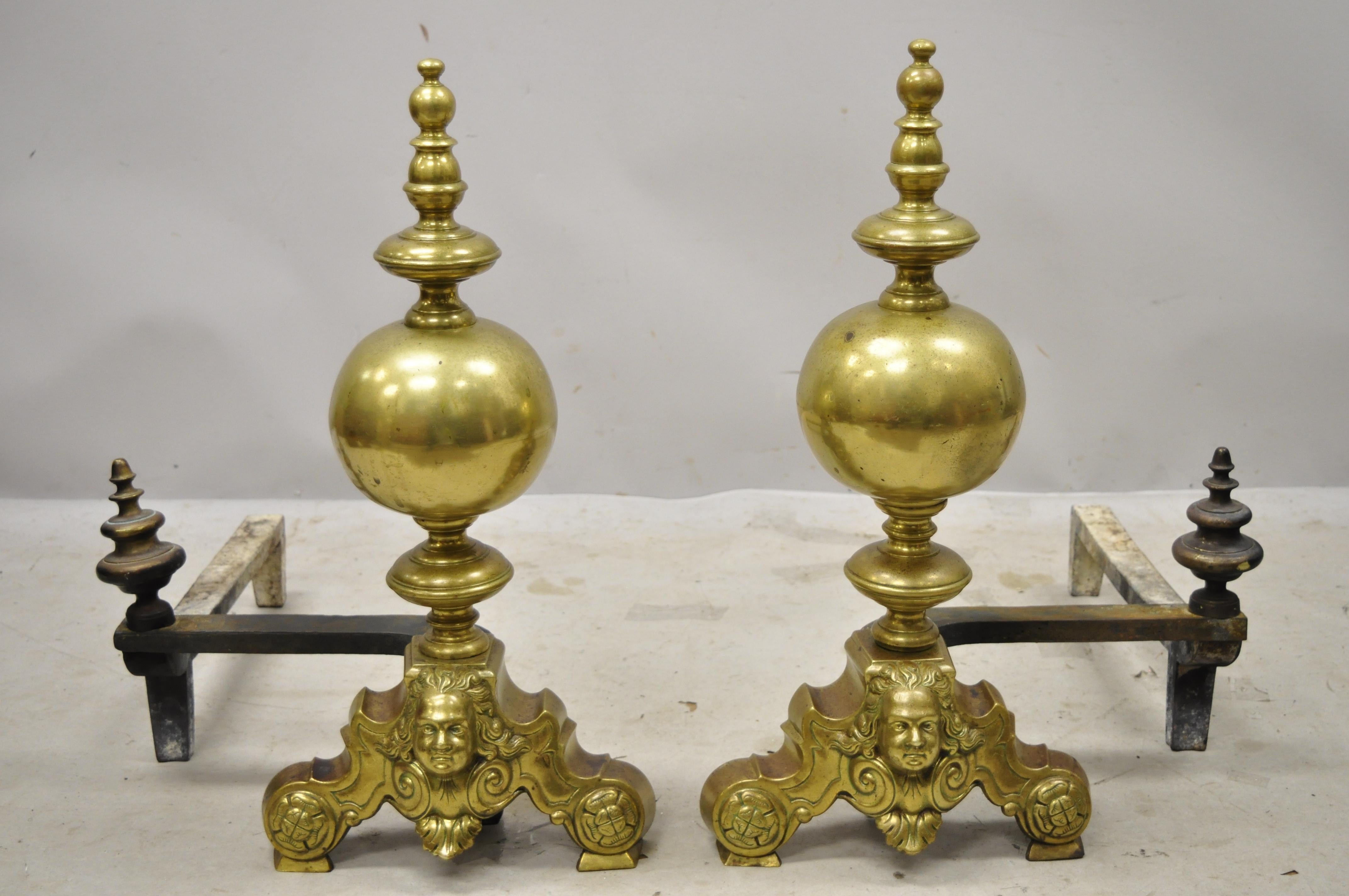 Antique Beethoven faces French brass bronze cannonball finial Andirons Marked GF - a pair. Item marked, 