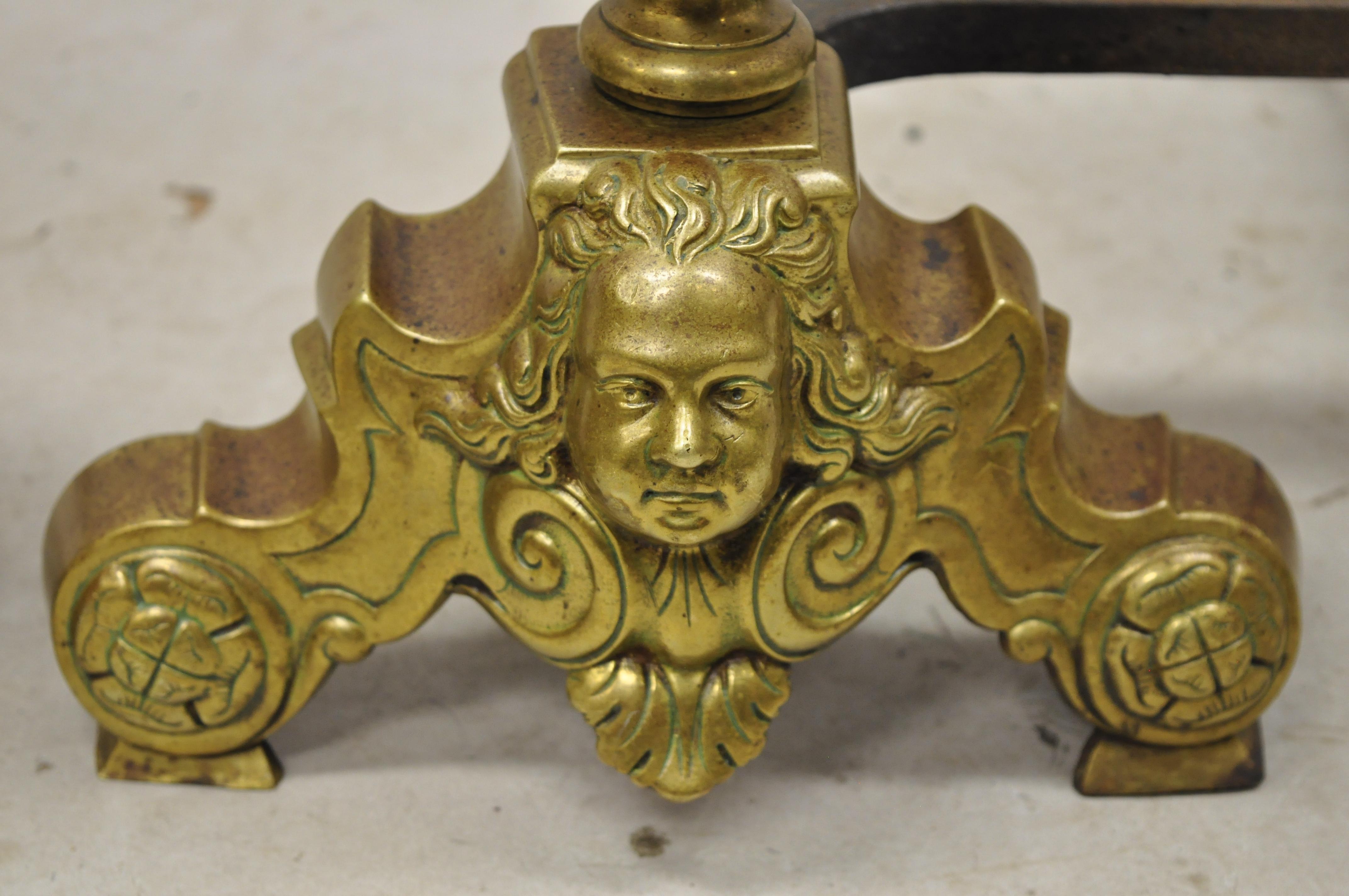 Louis XV Antique Beethoven Faces French Brass Bronze Cannonball Finial Andirons Marked GF For Sale