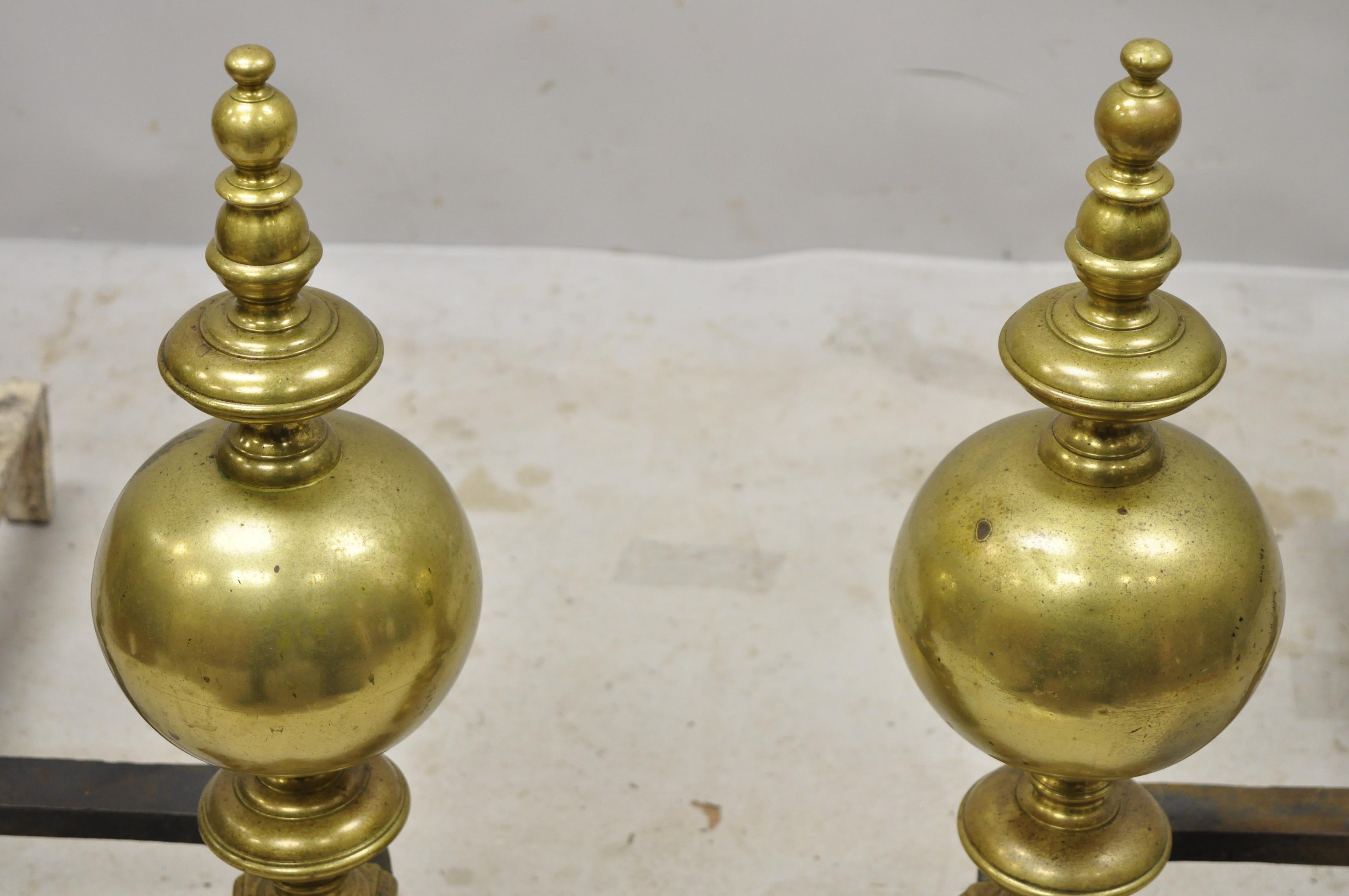 English Antique Beethoven Faces French Brass Bronze Cannonball Finial Andirons Marked GF For Sale