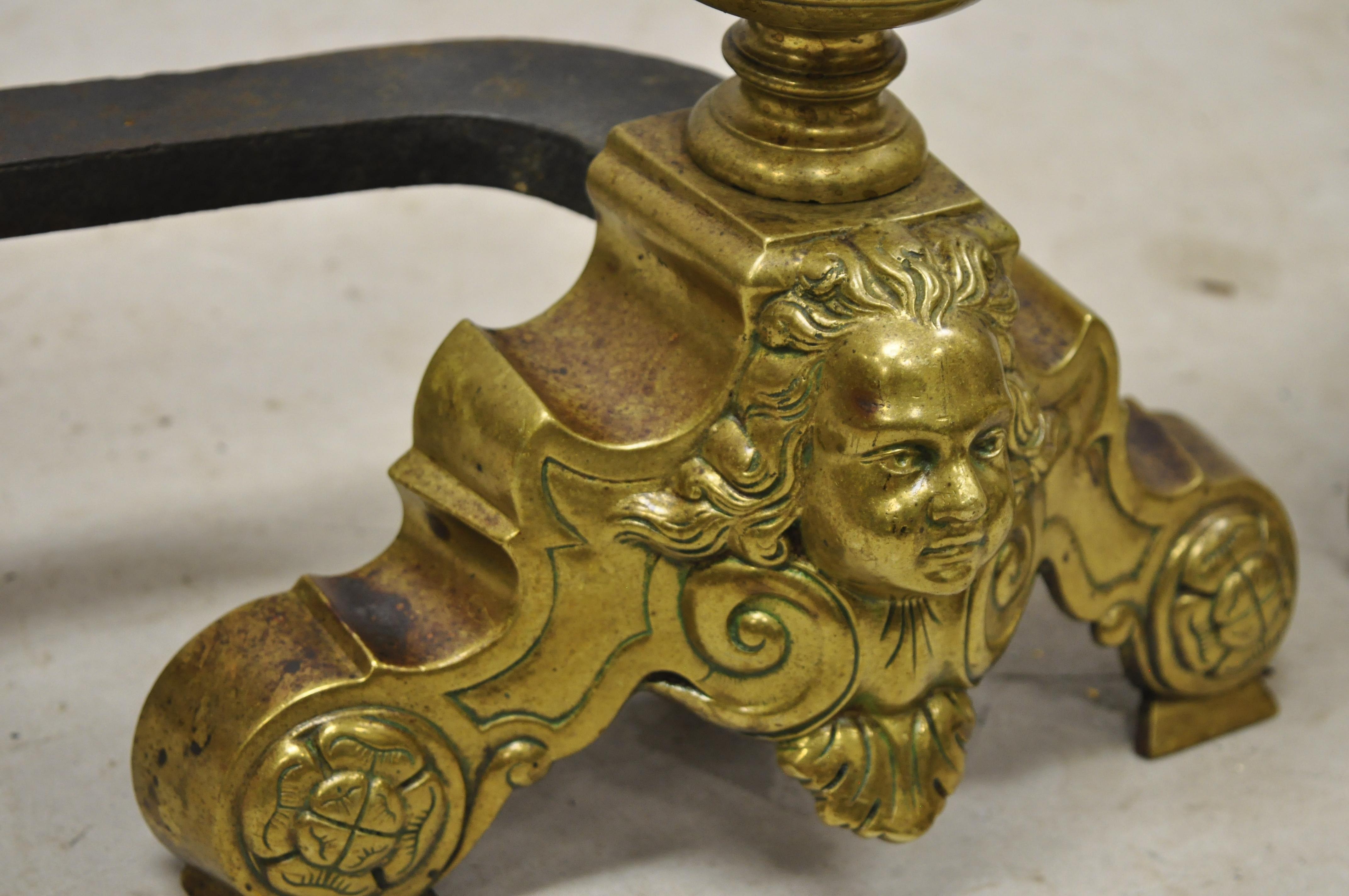 Antique Beethoven Faces French Brass Bronze Cannonball Finial Andirons Marked GF In Good Condition For Sale In Philadelphia, PA