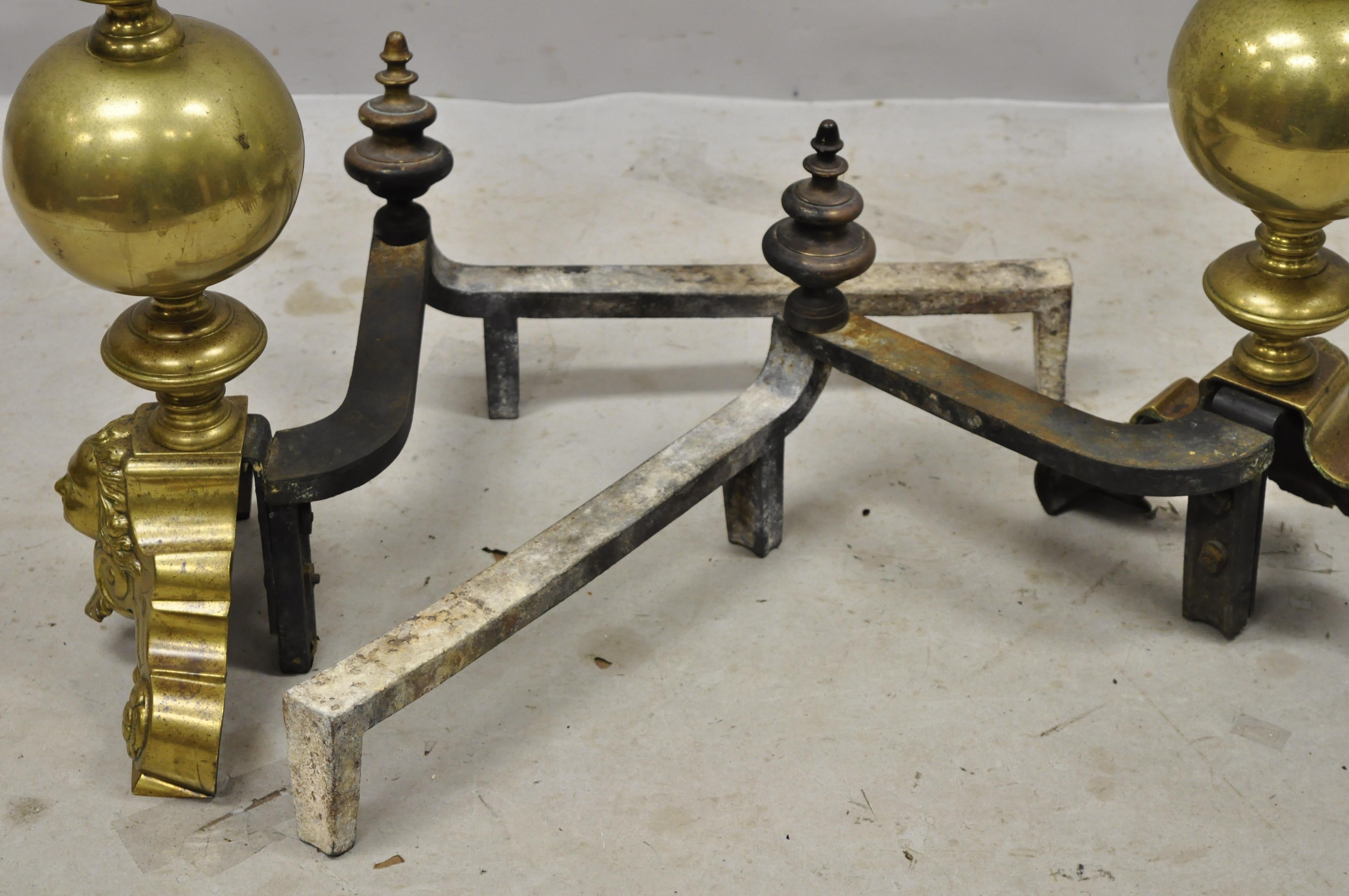 20th Century Antique Beethoven Faces French Brass Bronze Cannonball Finial Andirons Marked GF For Sale