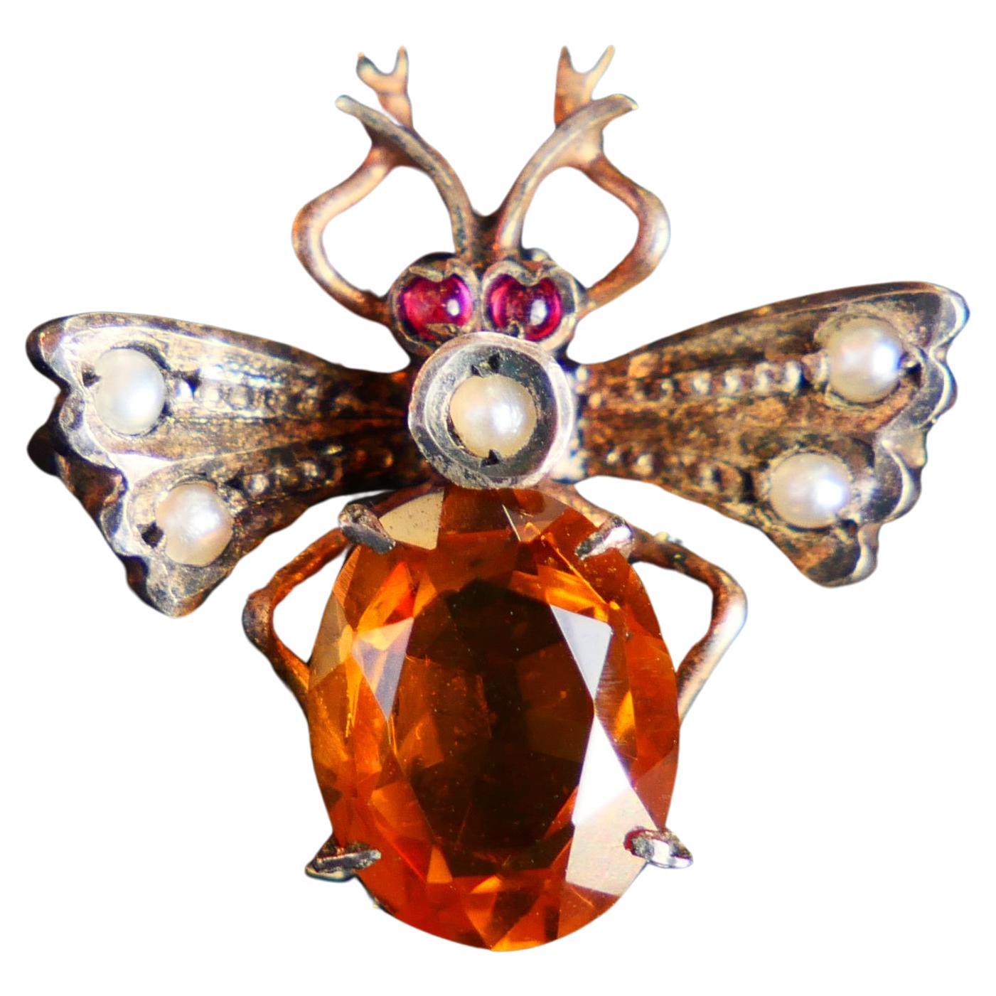 Antique Beetle Brooch Citrine Garnet Seed Pearls Gilt Silver / 2.1gr For Sale