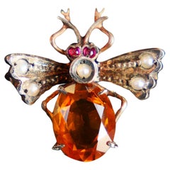 Vintage Beetle Brooch Citrine Garnet Seed Pearls Gilt Silver / 2.1gr