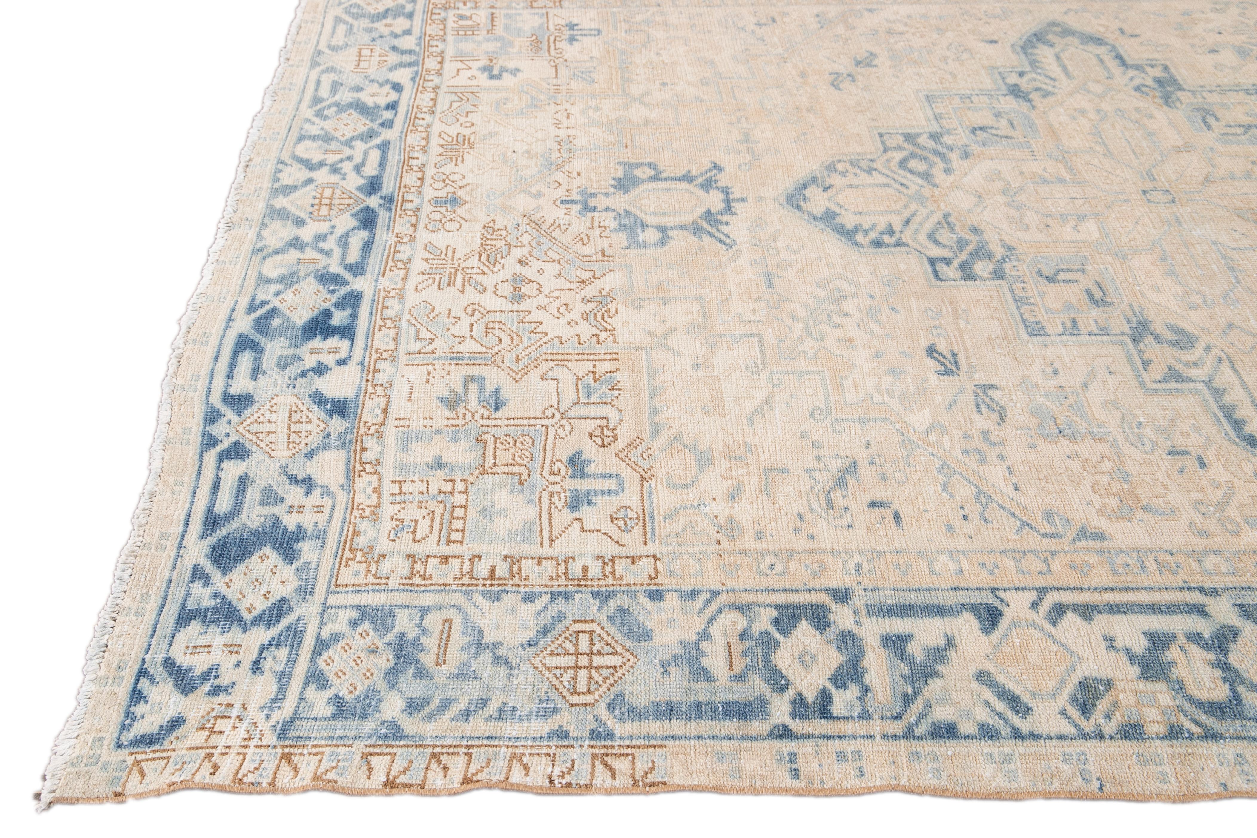 Hand-Knotted Antique Beige and Blue Persian Heriz Handmade Medallion Floral Wool Rug For Sale