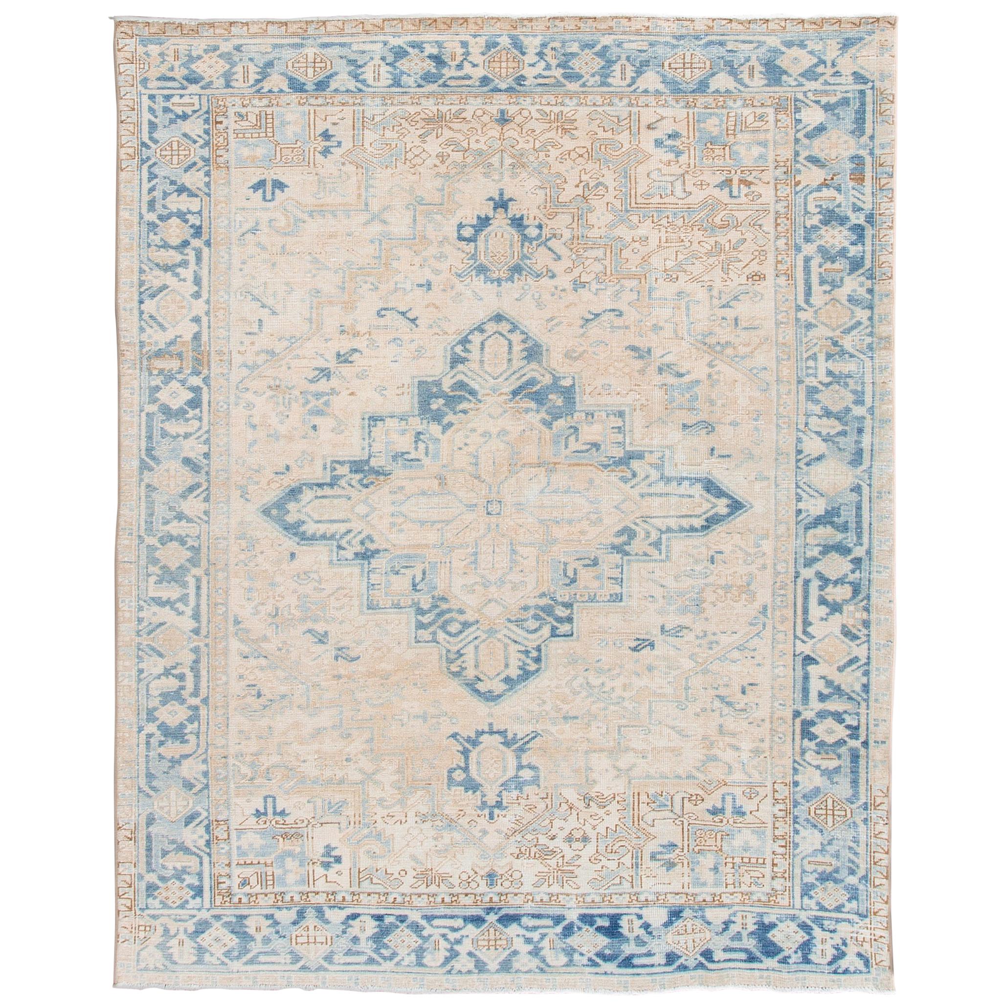 Antique Beige and Blue Persian Heriz Handmade Medallion Floral Wool Rug For Sale