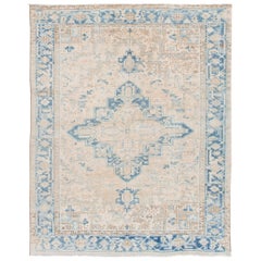 Alfombra Persa Antigua Heriz Beige y Azul de Lana Floral Medallón Hecho a Mano