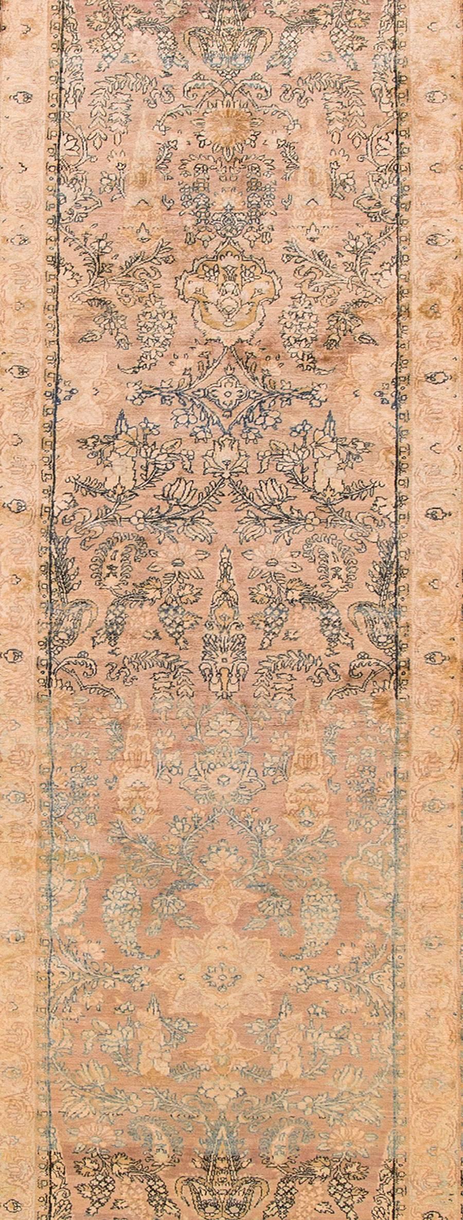 Hand-Knotted Antique Beige and Blue Persian Kerman Runner Wool Rug For Sale
