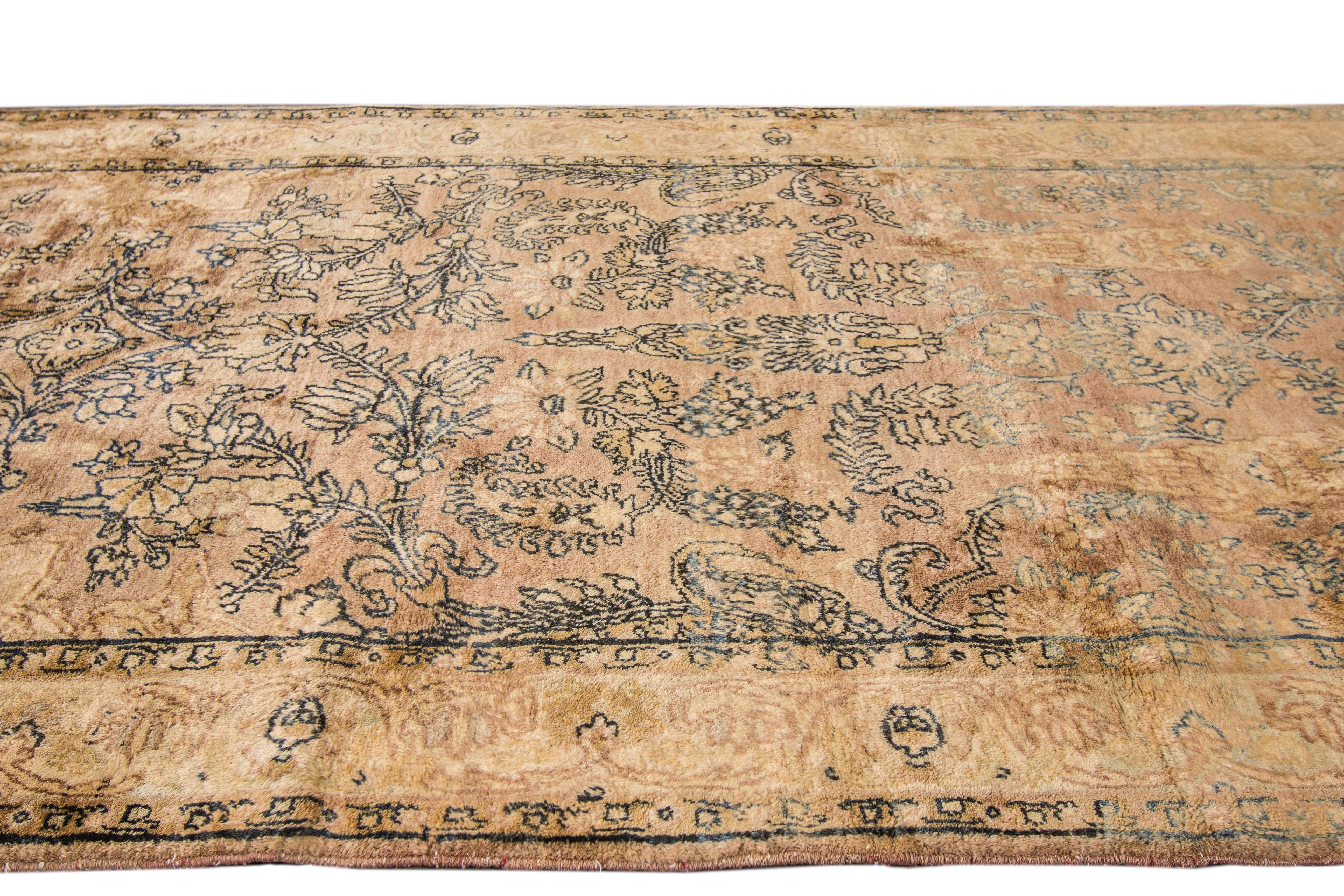 Antique Beige and Blue Persian Kerman Runner Wool Rug For Sale 1