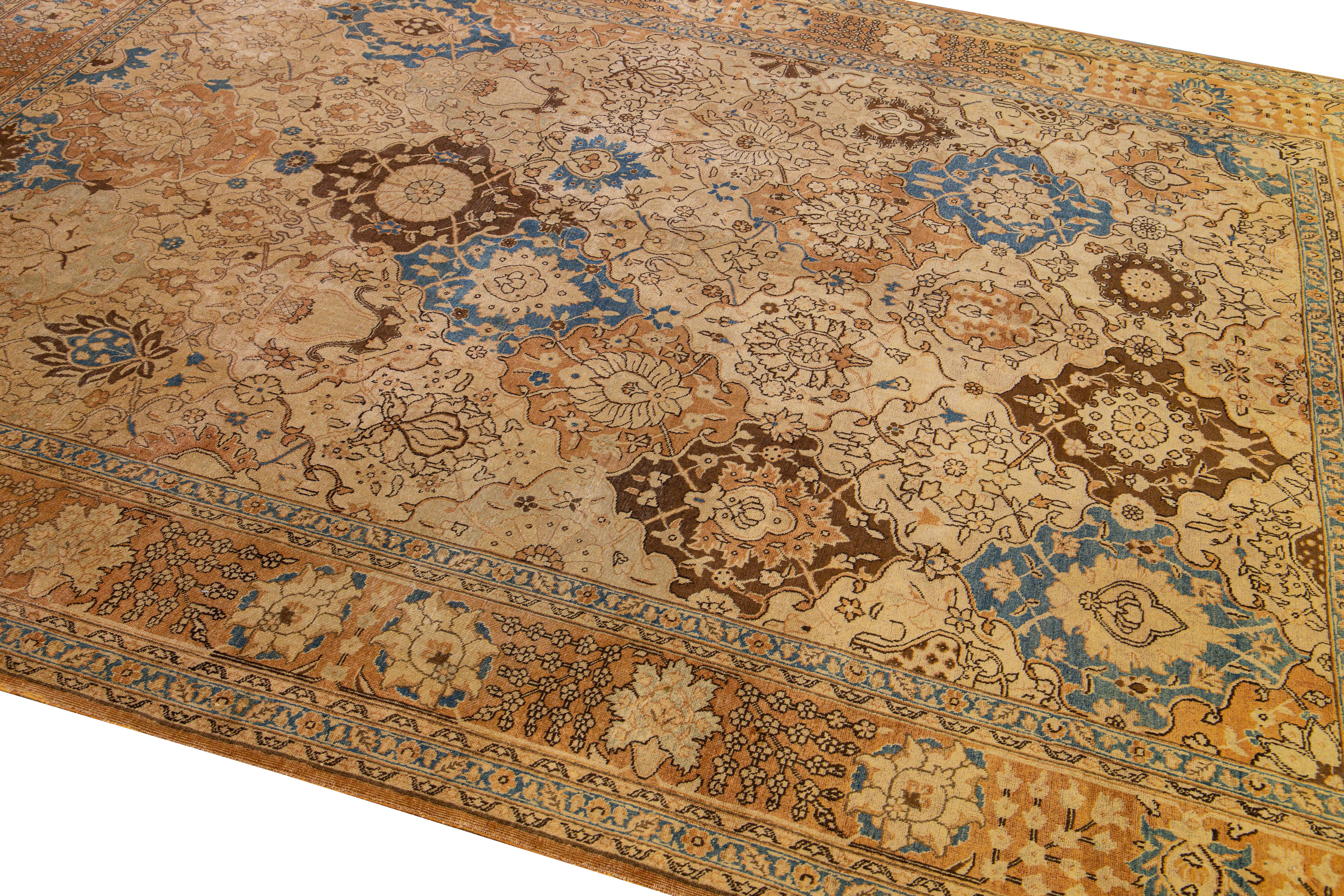Antique PersianTabriz Handmade Floral Pattern Beige and Blue Wool Rug 4