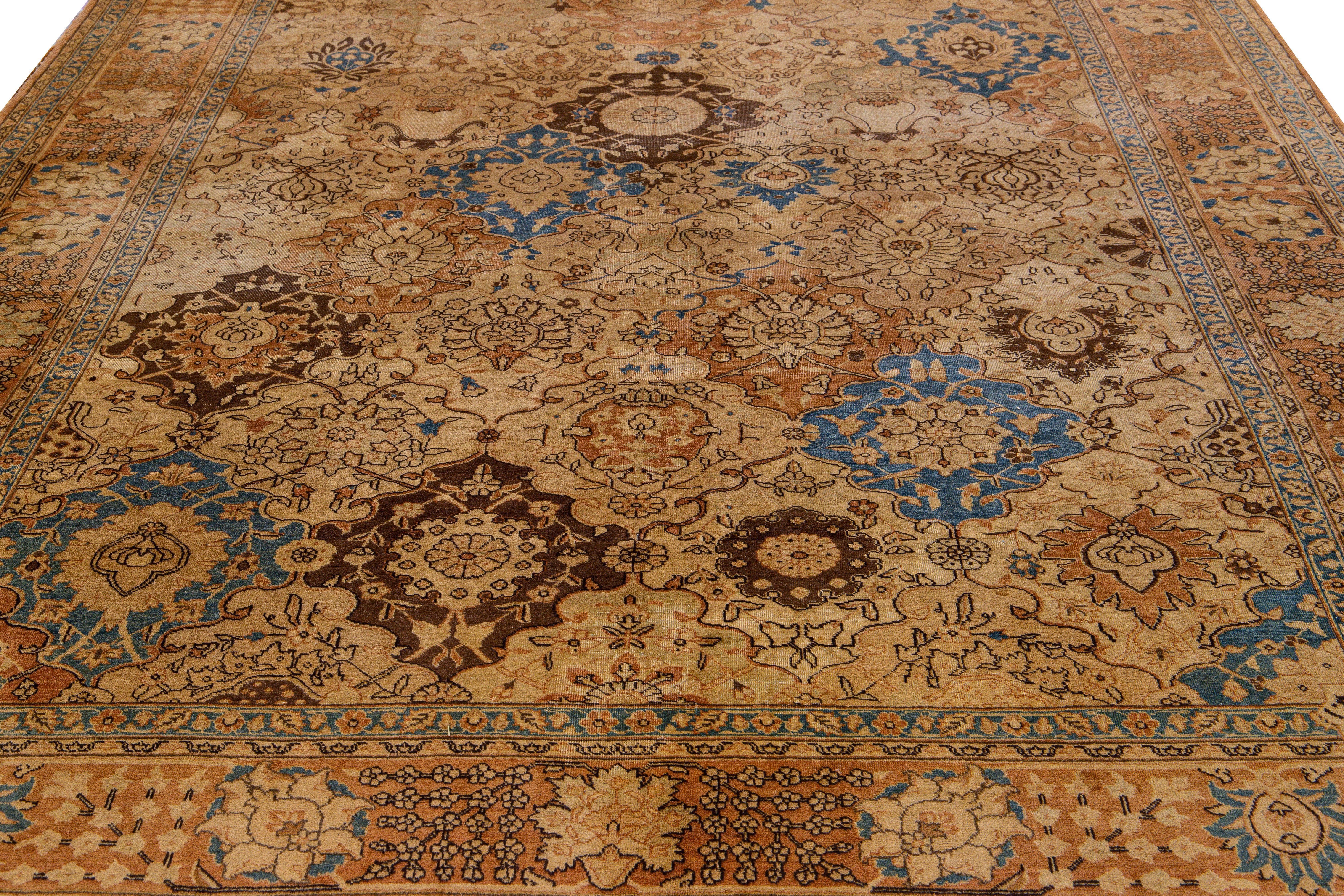 Hand-Knotted Antique PersianTabriz Handmade Floral Pattern Beige and Blue Wool Rug