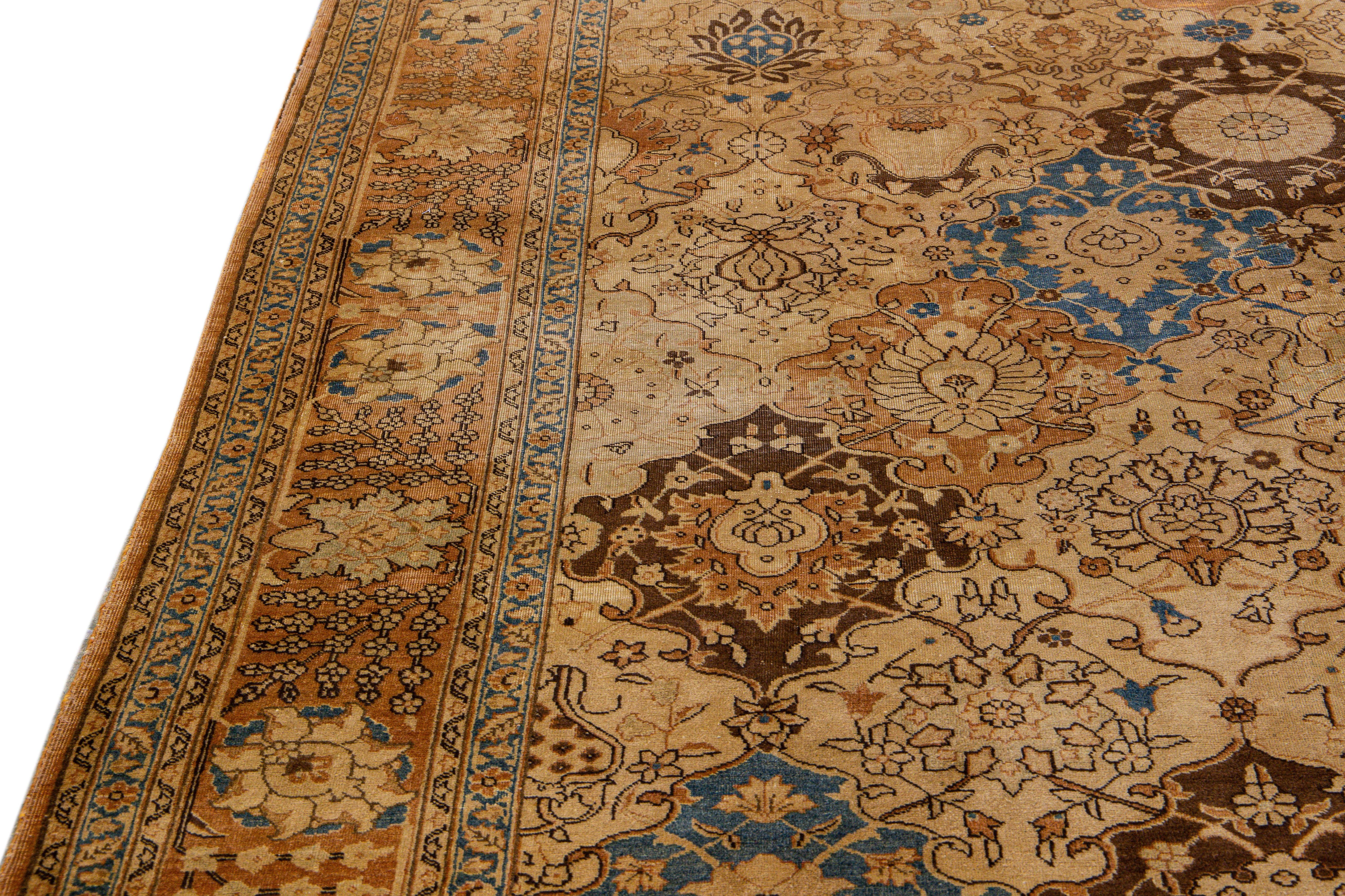 Antique PersianTabriz Handmade Floral Pattern Beige and Blue Wool Rug In Excellent Condition In Norwalk, CT