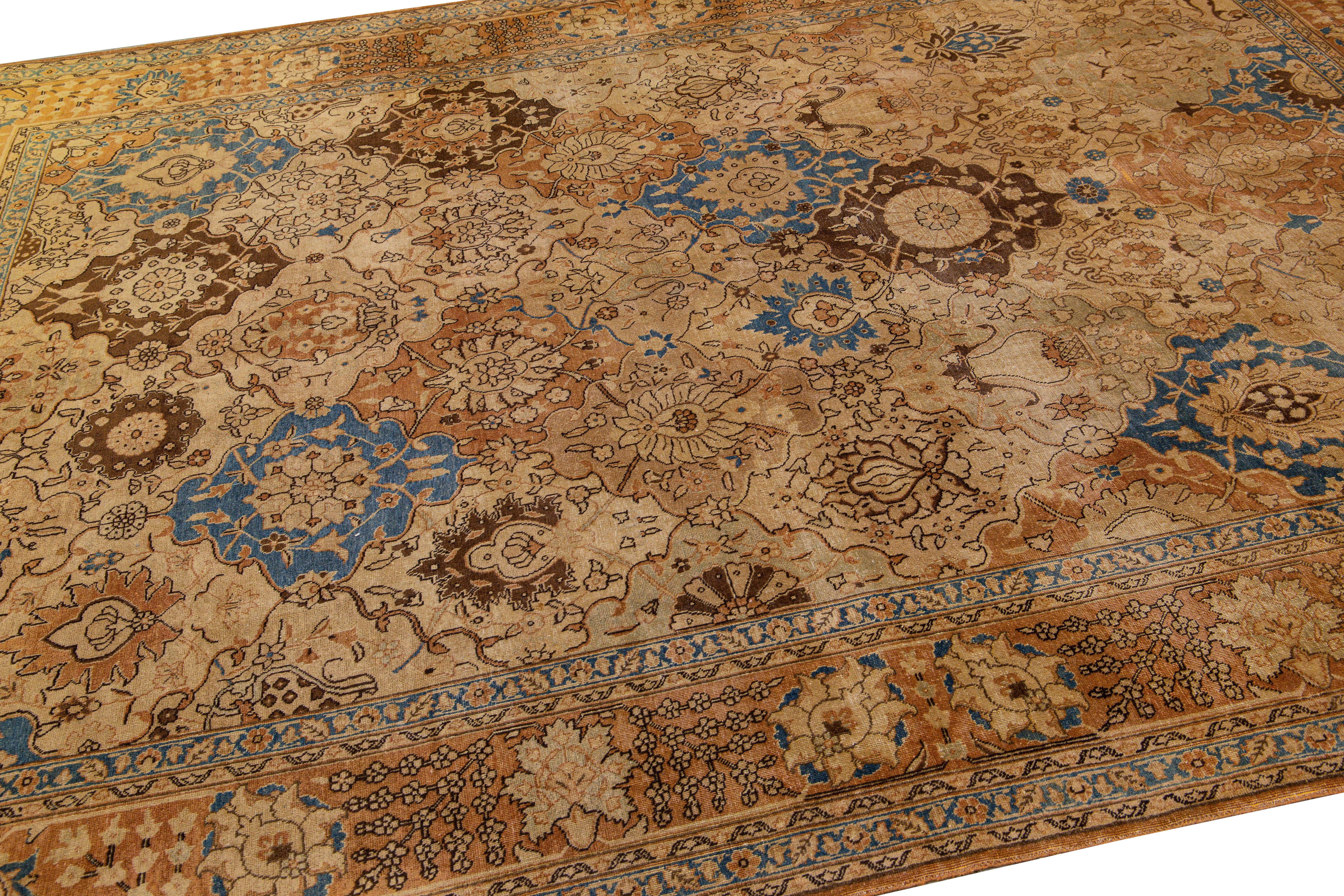 Antique PersianTabriz Handmade Floral Pattern Beige and Blue Wool Rug 1