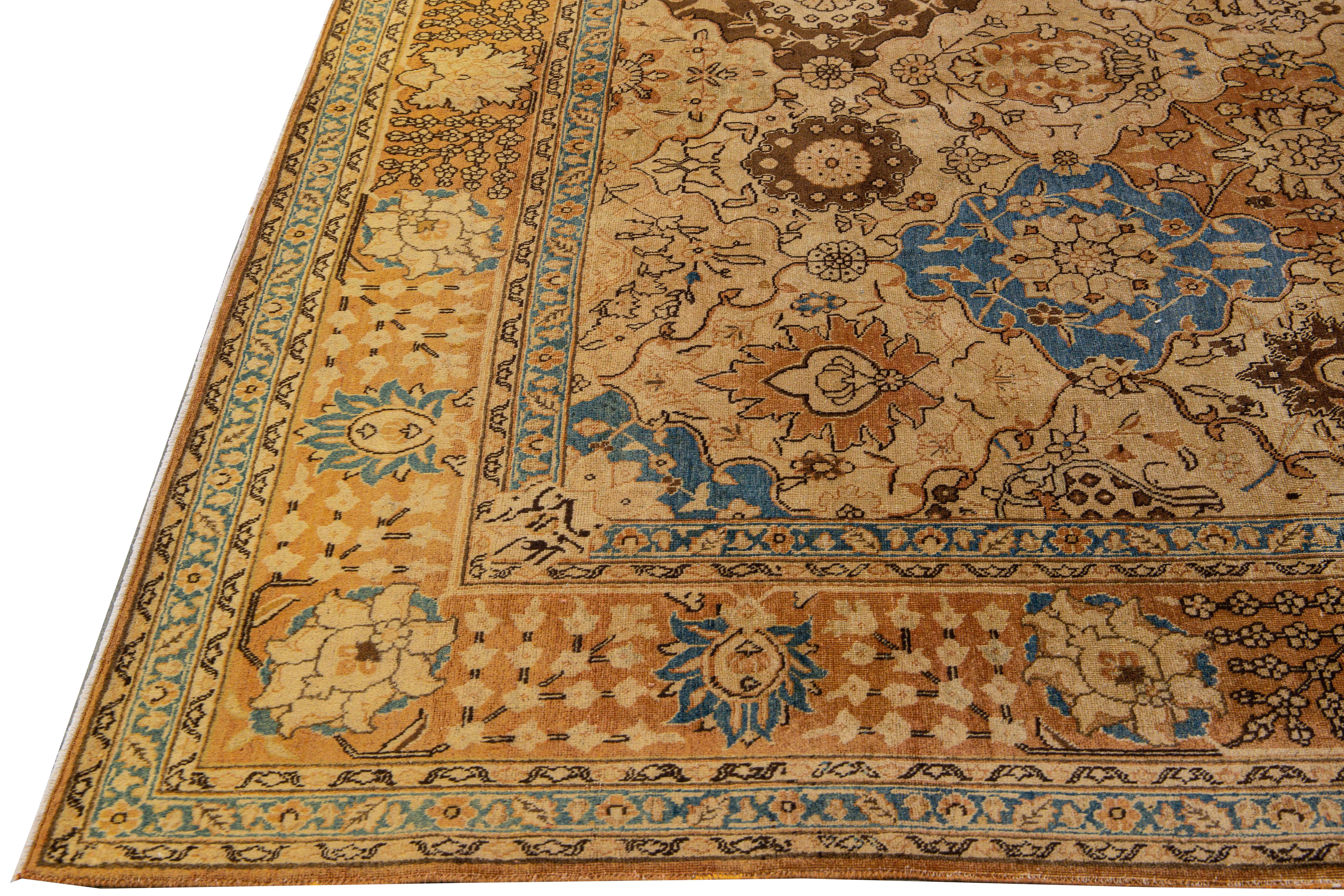 Antique PersianTabriz Handmade Floral Pattern Beige and Blue Wool Rug 2