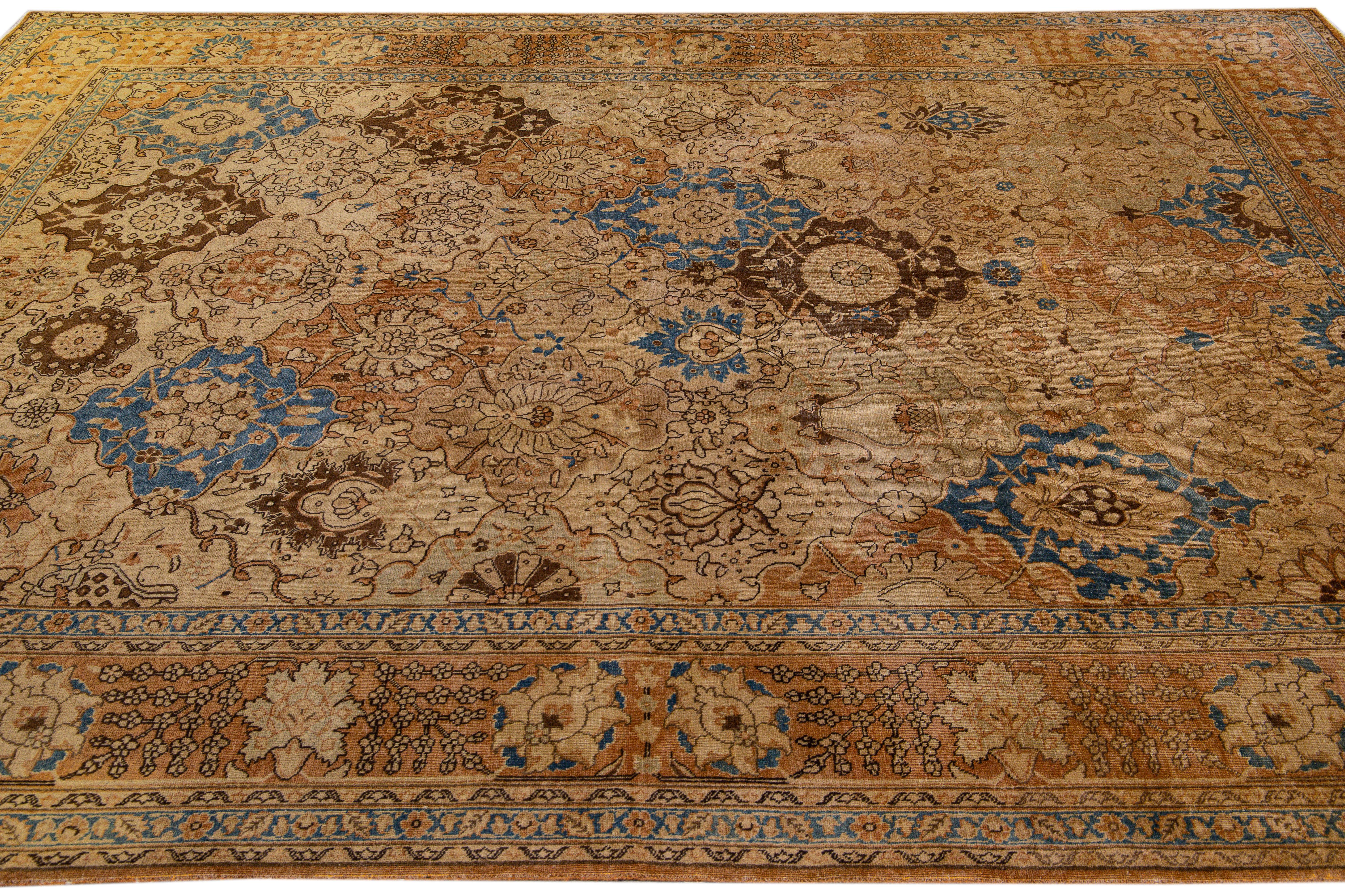 Antique PersianTabriz Handmade Floral Pattern Beige and Blue Wool Rug 3