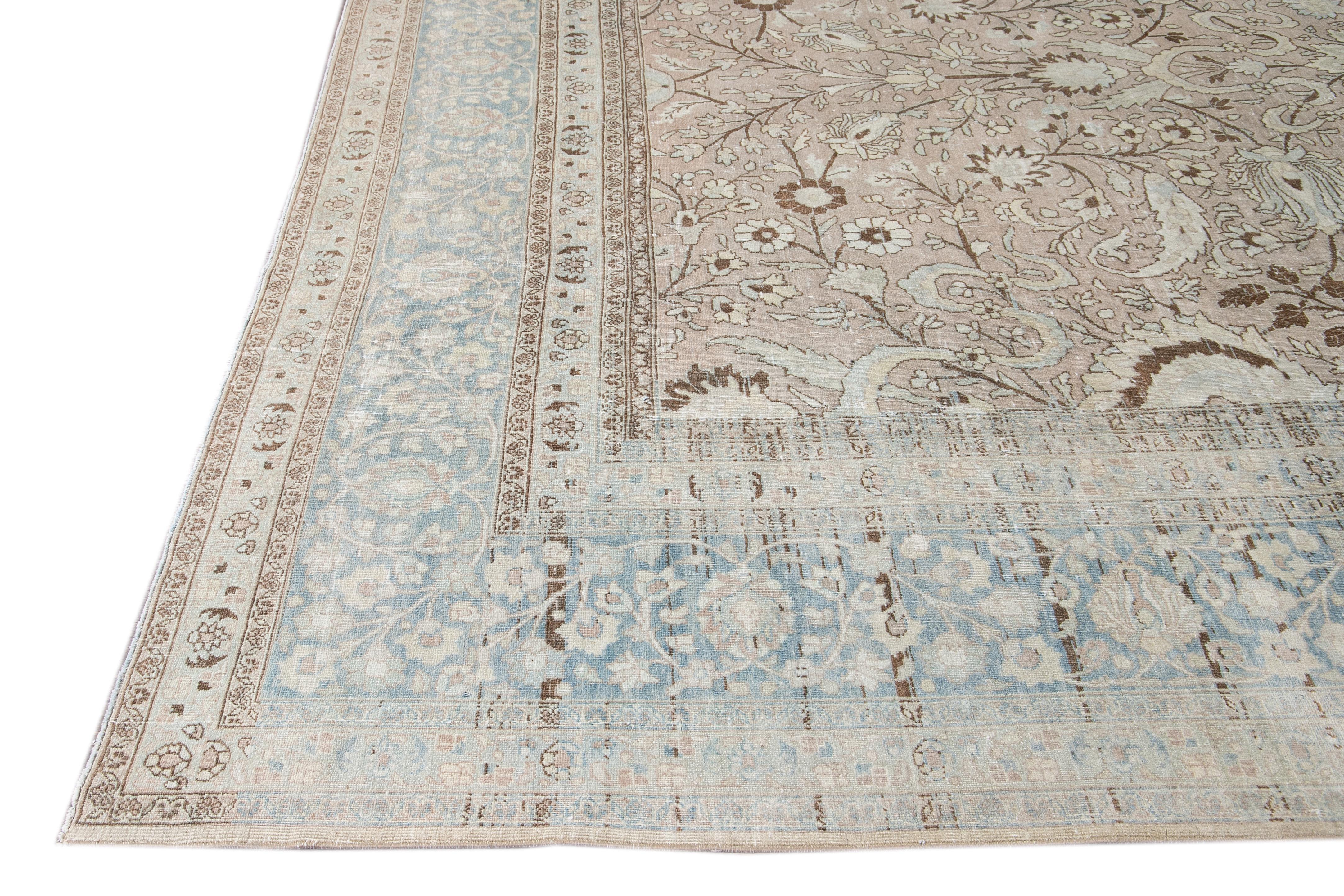 Persian Antique Beige and Blue Tabriz Handmade Floral Wool Rug