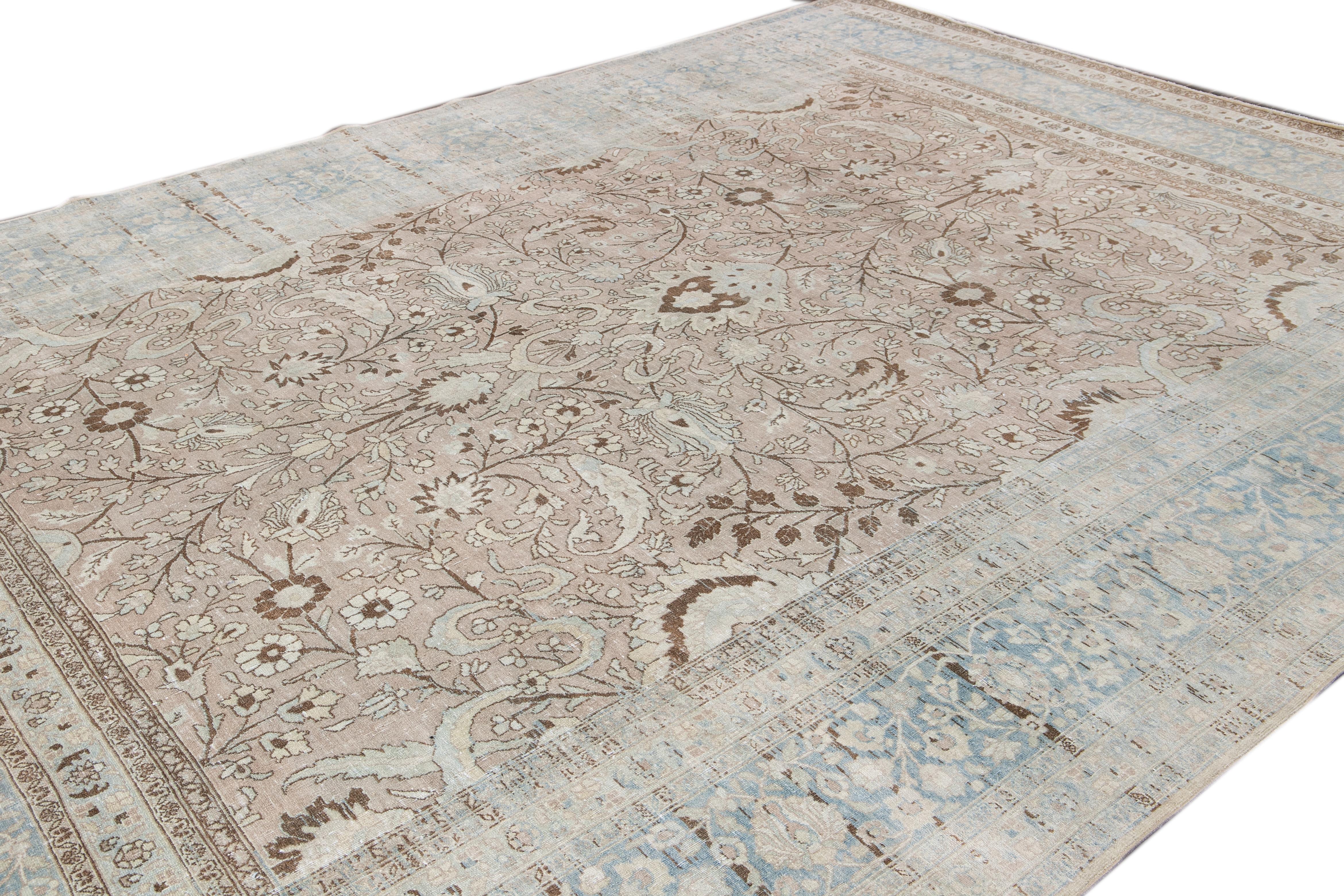 Hand-Knotted Antique Beige and Blue Tabriz Handmade Floral Wool Rug